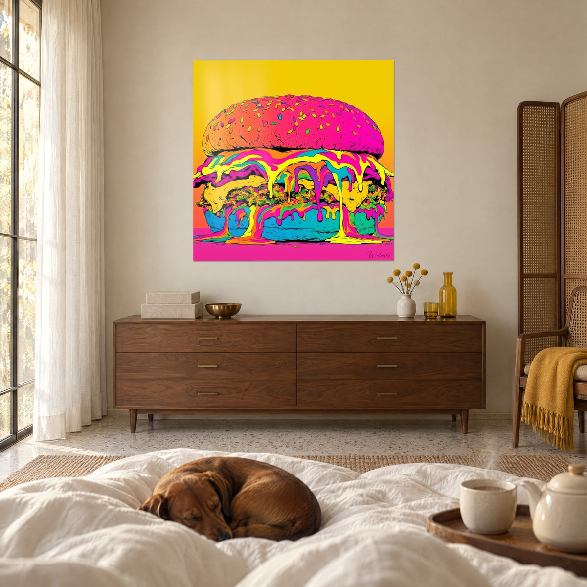 Πίνακας Μπέργκερ pop art σε έντονα πορτοκαλί και τυρκουάζ χρώματα, κυριαρχεί πάνω από ένα κρεβάτι σε ένα φωτεινό υπνοδωμάτιο, με έναν κοιμισμένο νανοσκύλο