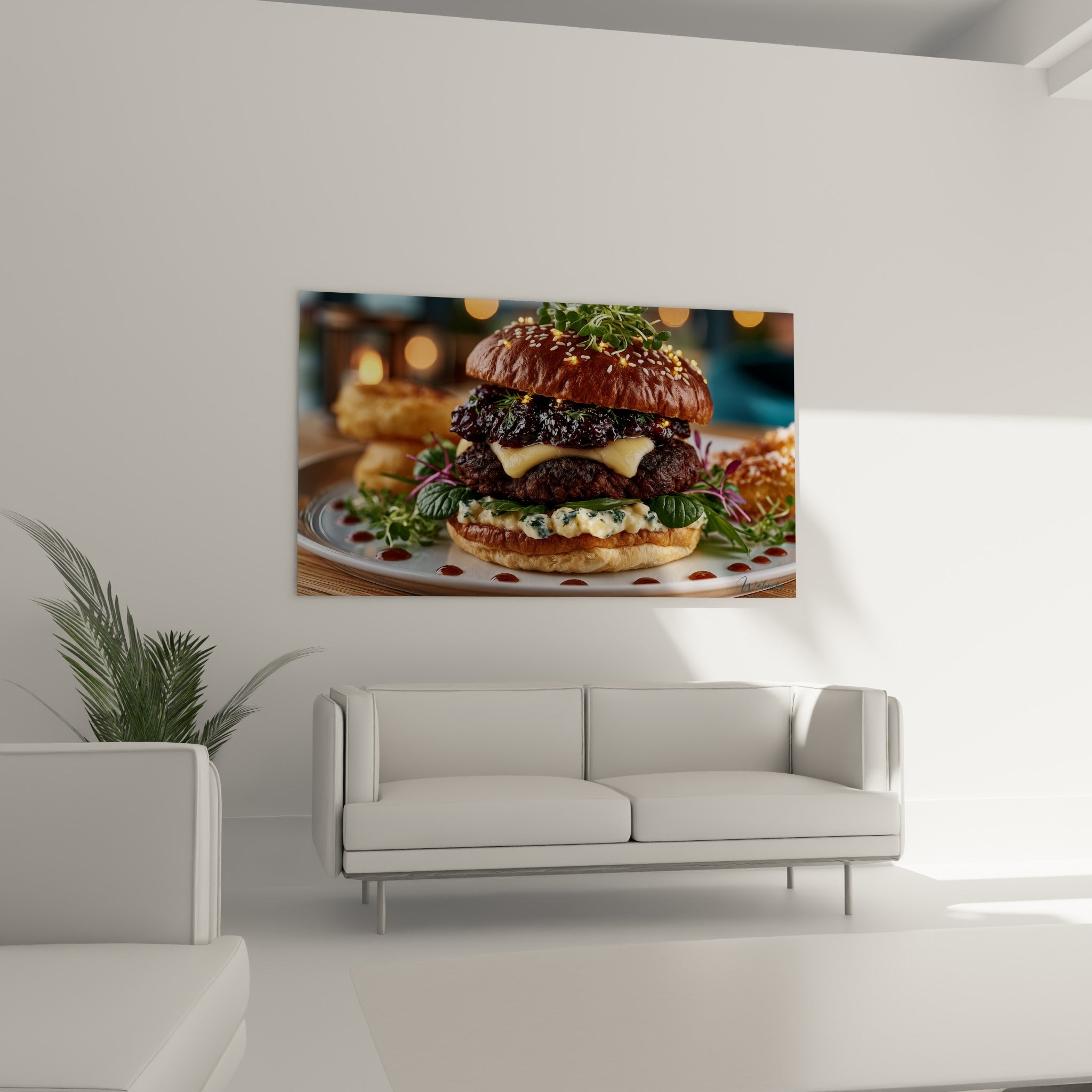 Plat savoureux aux teintes brunes et dorées, affiché au-dessus d'un canapé dans un salon lumineux