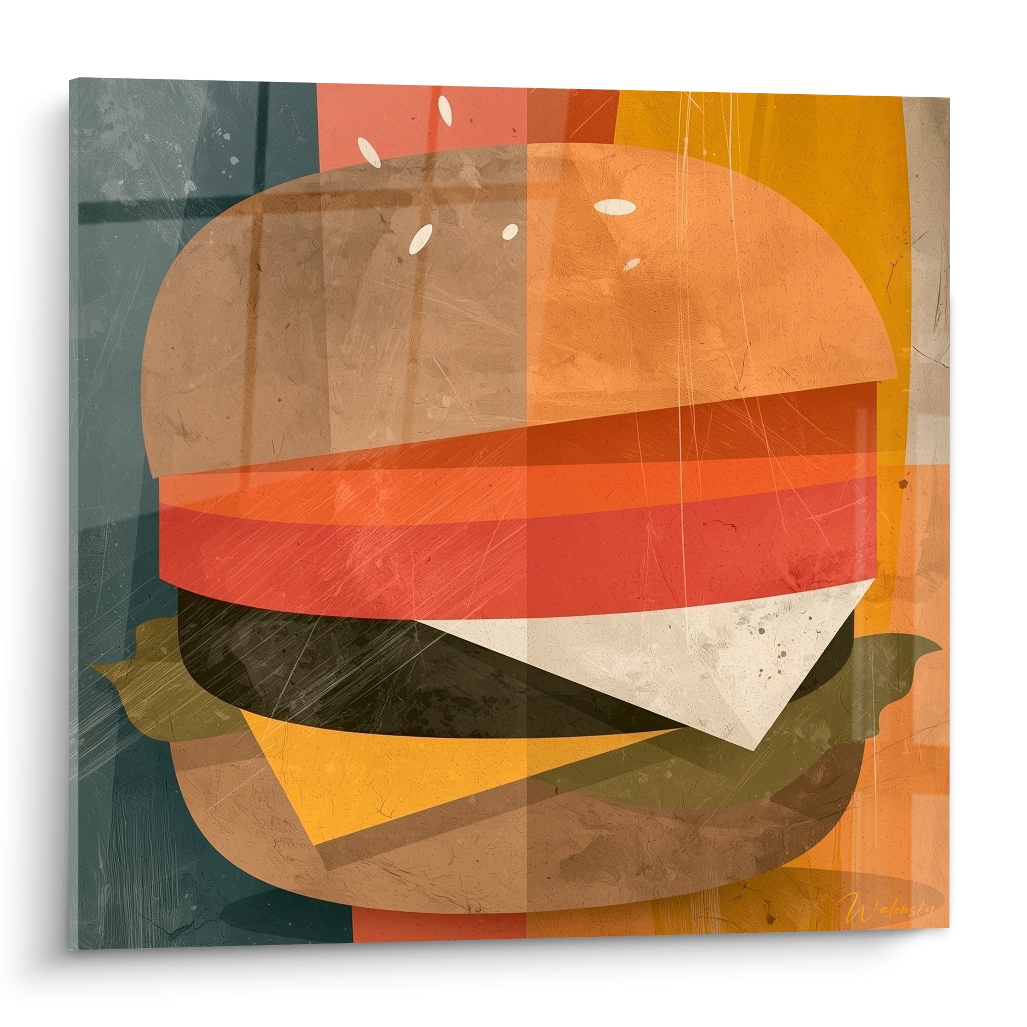 Burger rétro aux couches rouge tomate et brun steak sur fond bleu pétrole et ocre