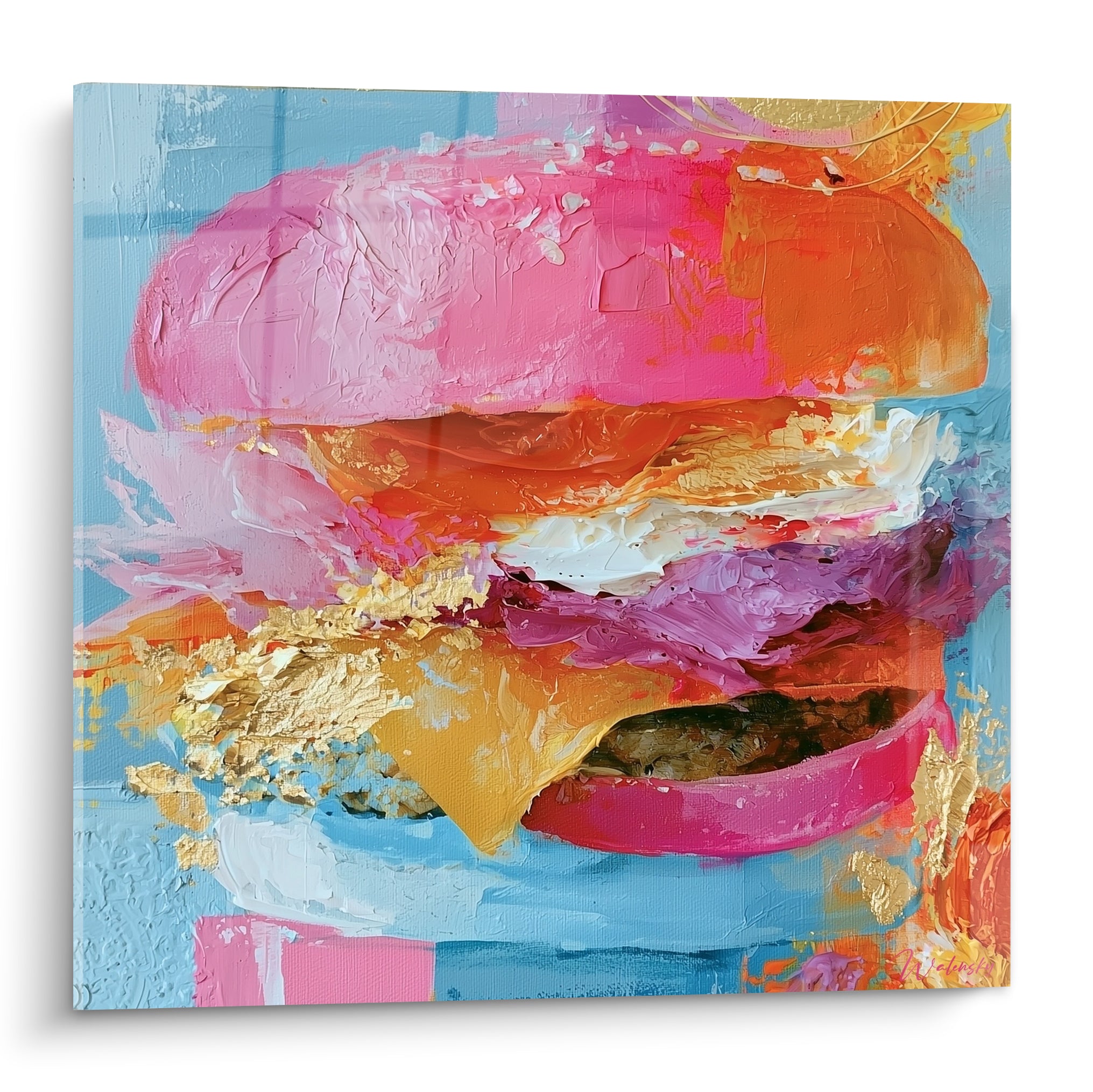 Burger peint en rose vif et bleu ciel, empâtements dorés et texture épaisse au couteau