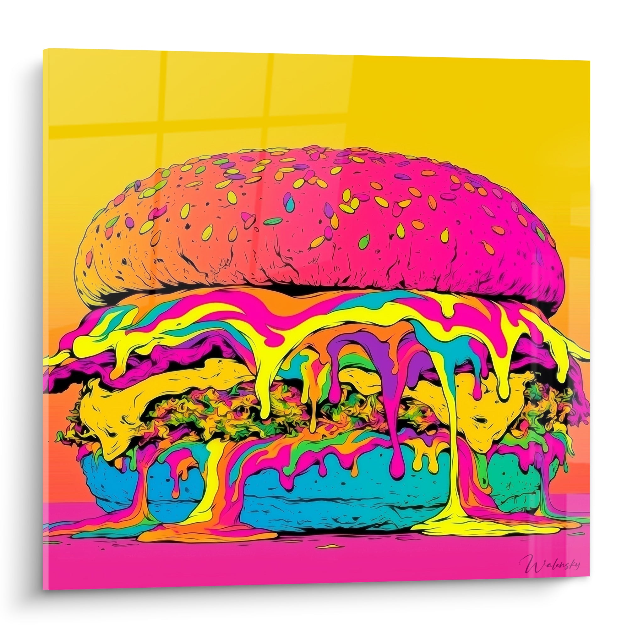 Burger géant rose fuchsia et jaune fluo dont les sauces multicolores dégoulinent en gros plan