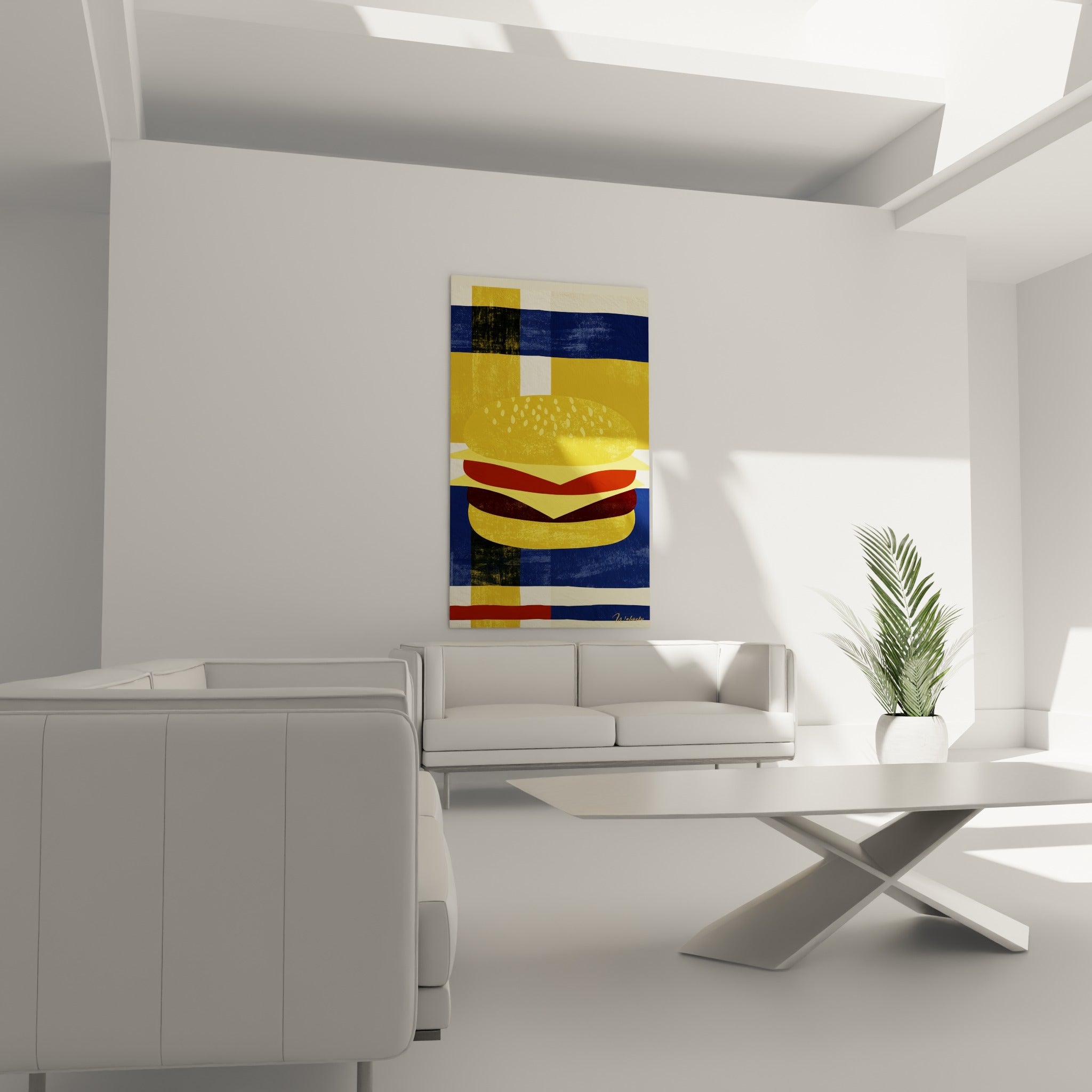 Burger stylisé aux tons dorés et rouge brique disposé au-dessus d'un canapé dans un salon lumineux