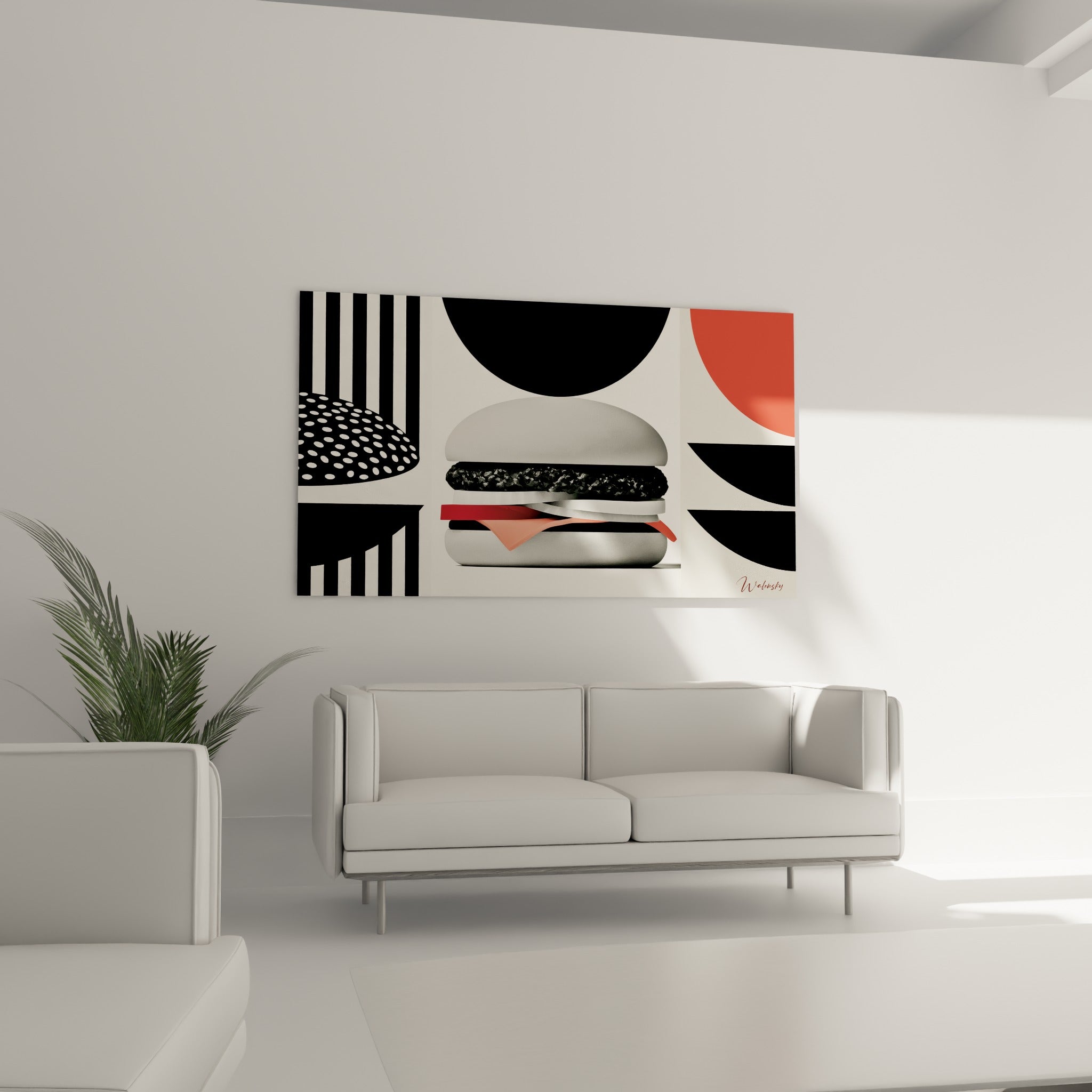 Burger pop art aux tranches rouge corail et pain crème au-dessus d'un canapé dans un salon lumineux