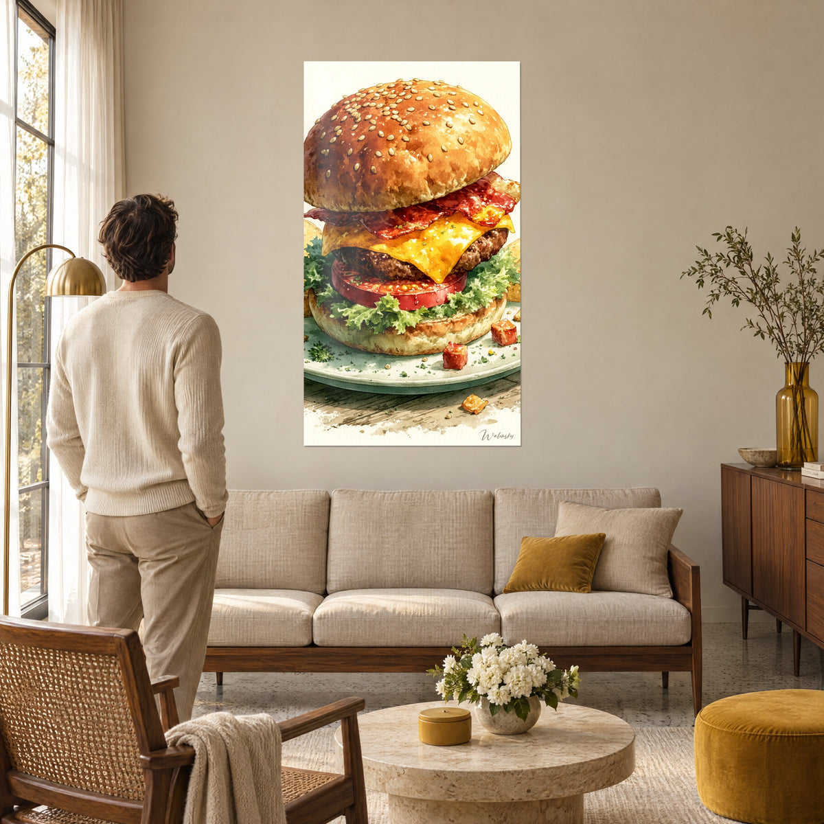 Πίνακας cheeseburger σε ακουαρέλα, χρυσαφένιο ψωμάκι με σουσάμι και κίτρινη τσένταρ, πάνω από έναν καναπέ σε φωτεινό σαλόνι