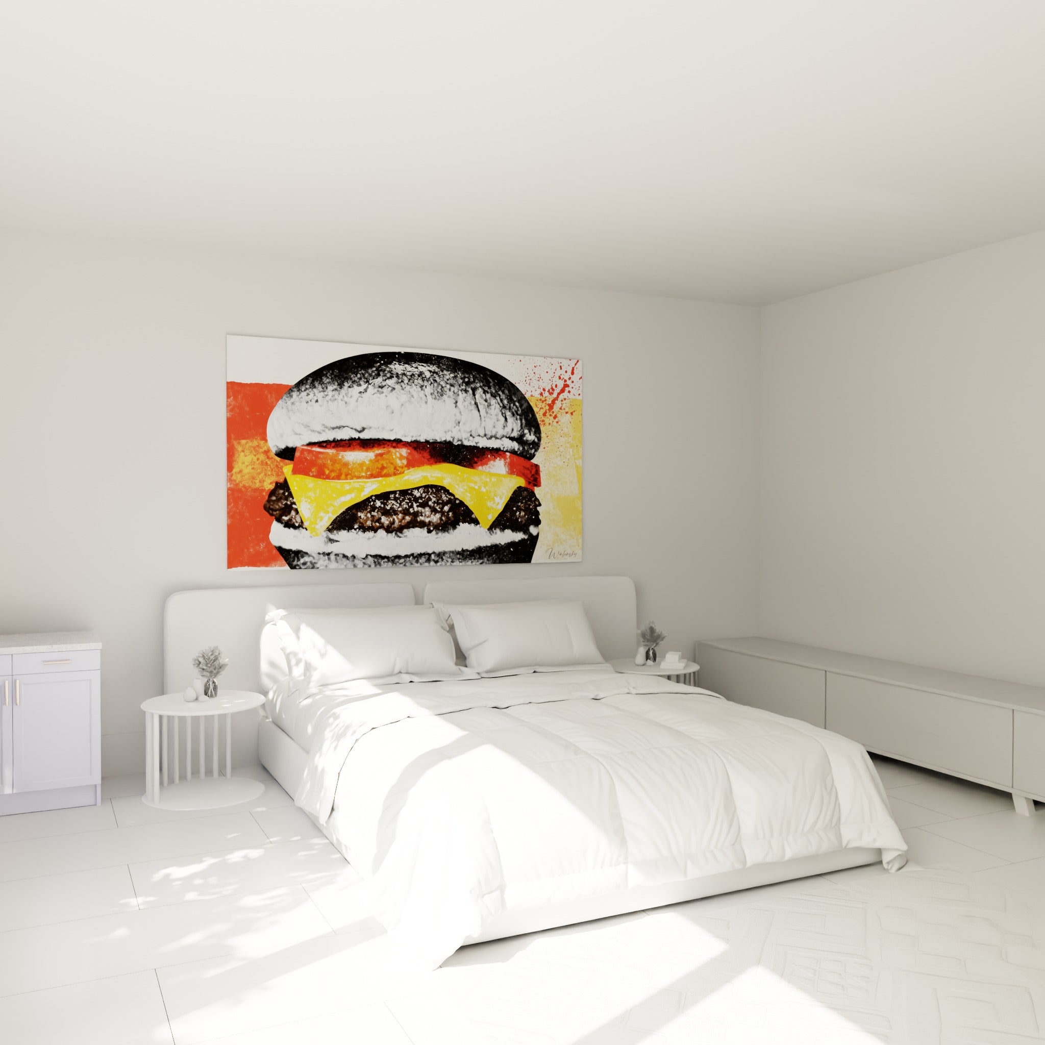 Cheeseburger graphique rouge et jaune accroché au-dessus d'un lit dans une chambre claire
