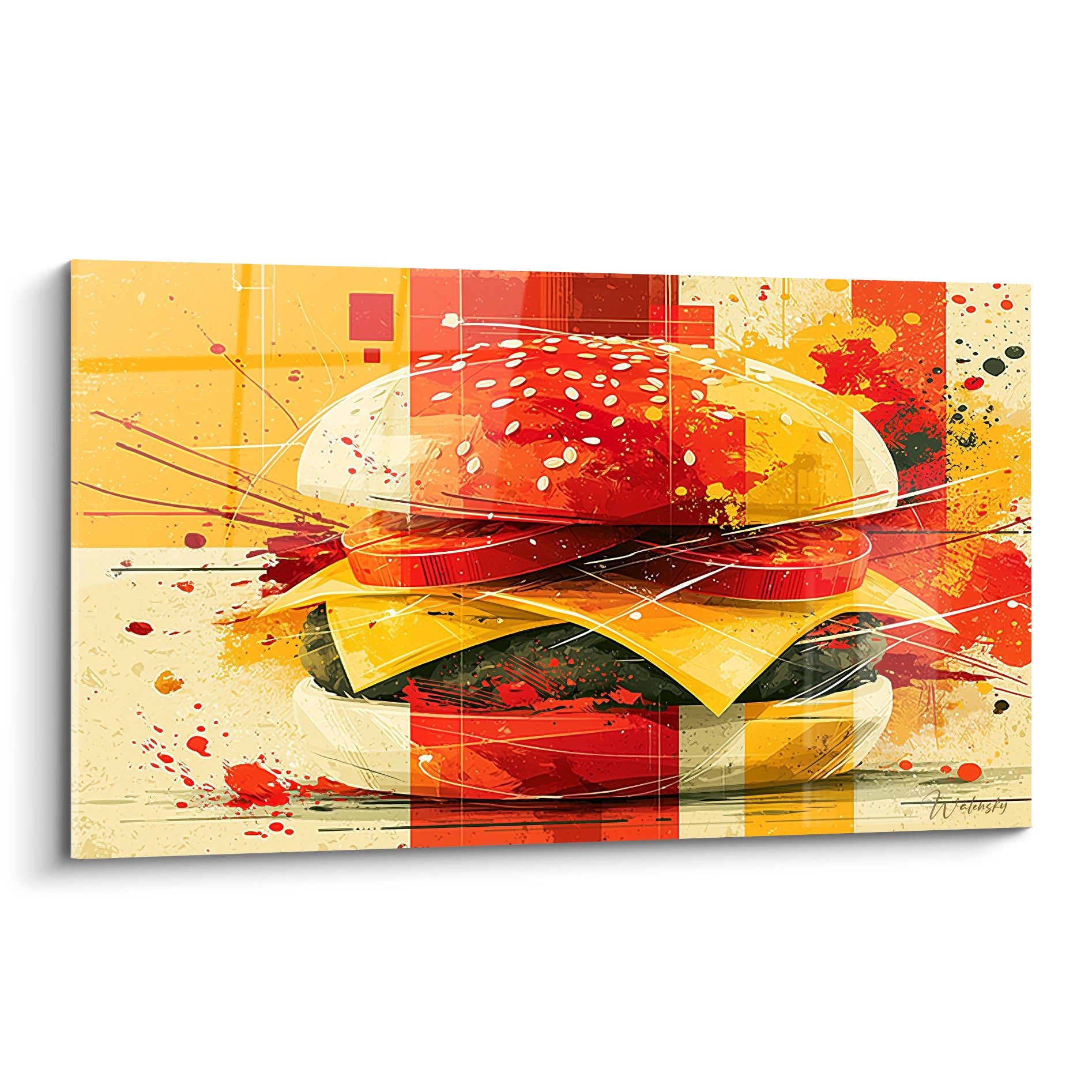 Burger rouge et jaune éclaboussé au style pop art, pain garni de sésame blanc et tomate vive