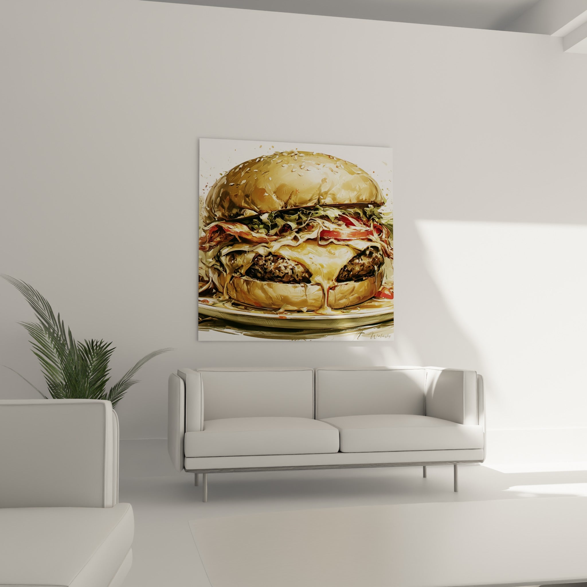 Burger généreux aux tons dorés et rouge tomate, empâtements visibles, au-dessus d'un canapé dans un salon lumineux