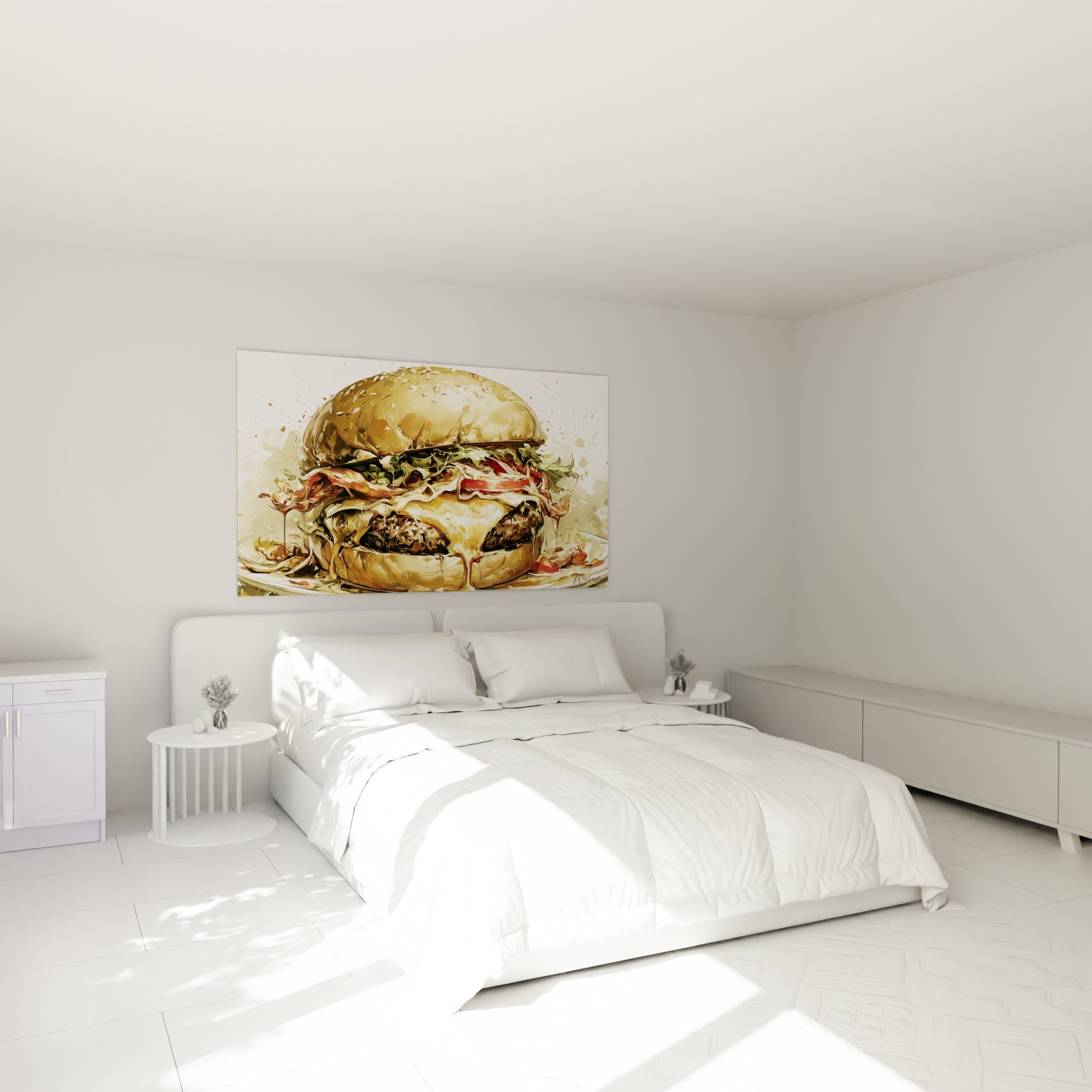 Burger généreux aux tons ocre et rouge, pain sésame brillant, accroché au-dessus d'un lit dans une chambre claire