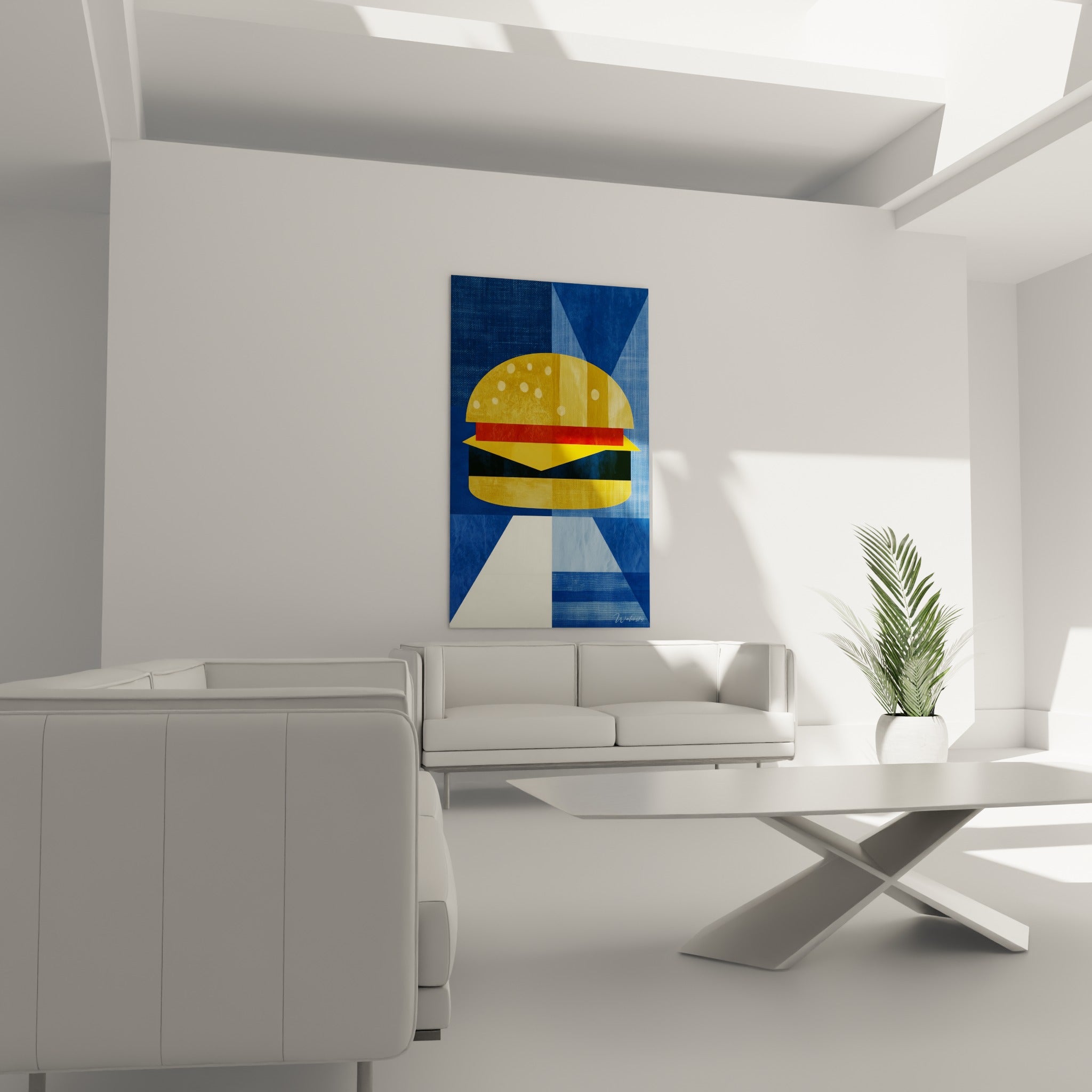 Burger doré à la garniture rouge vif, suspendu au-dessus d'un canapé dans un salon lumineux