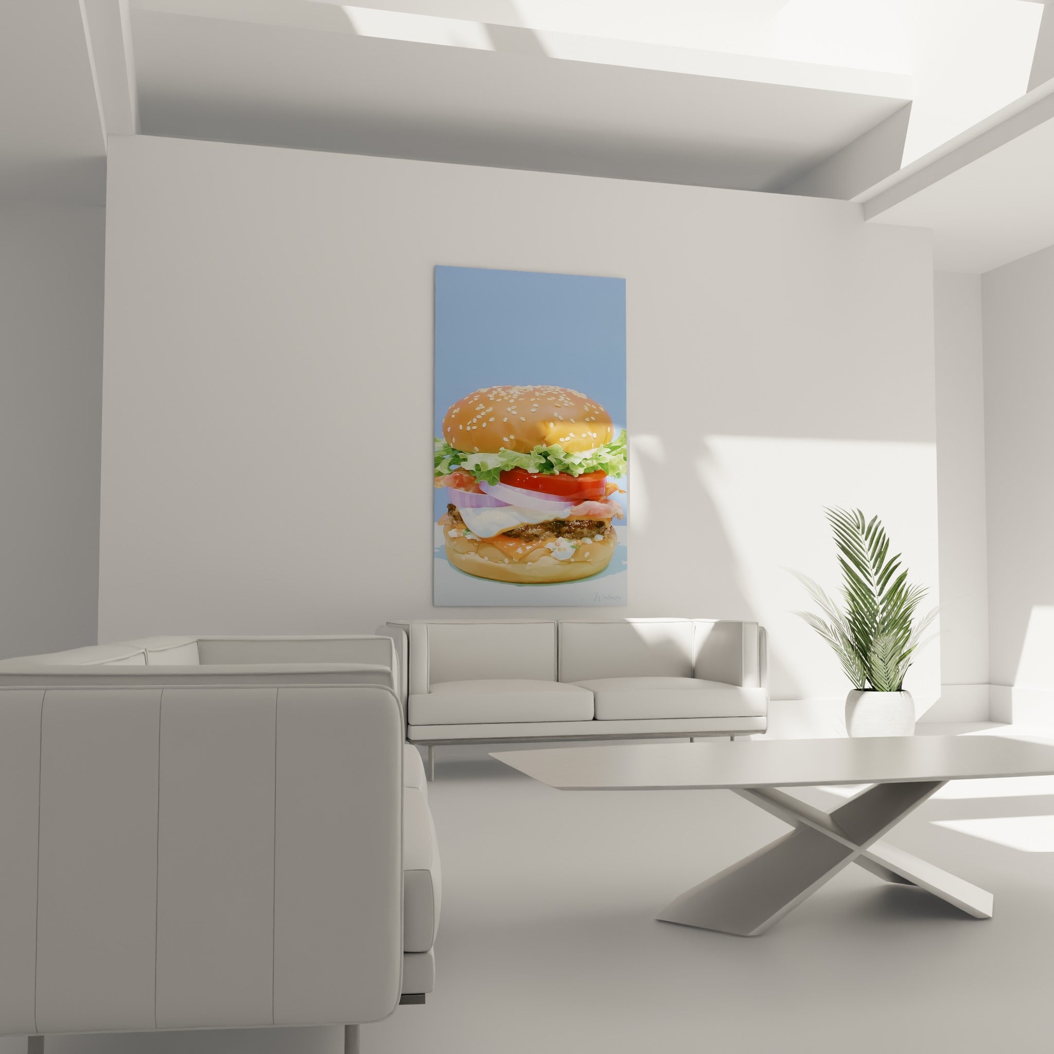 Ingrédients colorés vert et orangé du burger placés au-dessus d'un canapé dans un salon lumineux