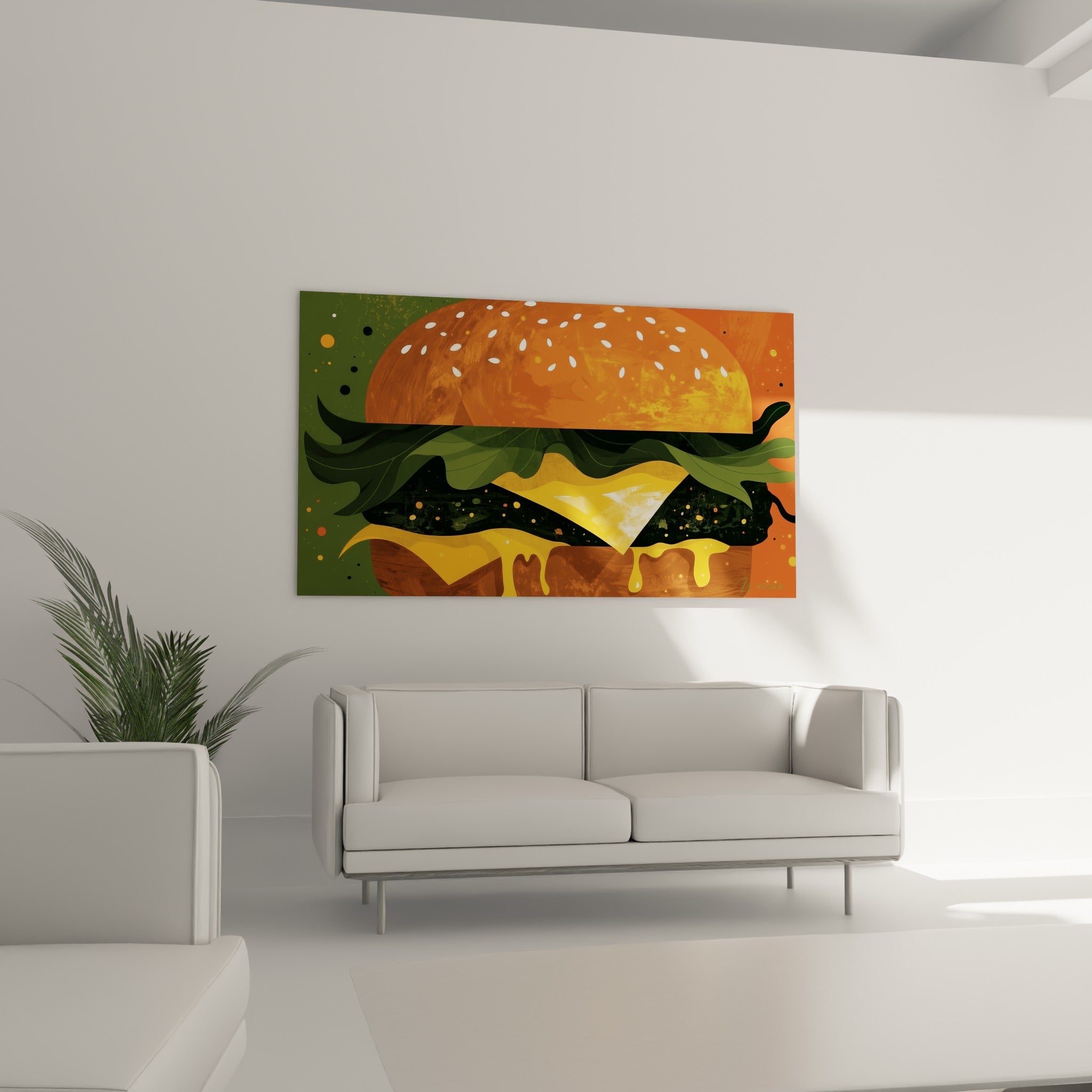 Burger stylisé au fromage doré et à la salade verte accroché au-dessus d'un canapé dans un salon lumineux