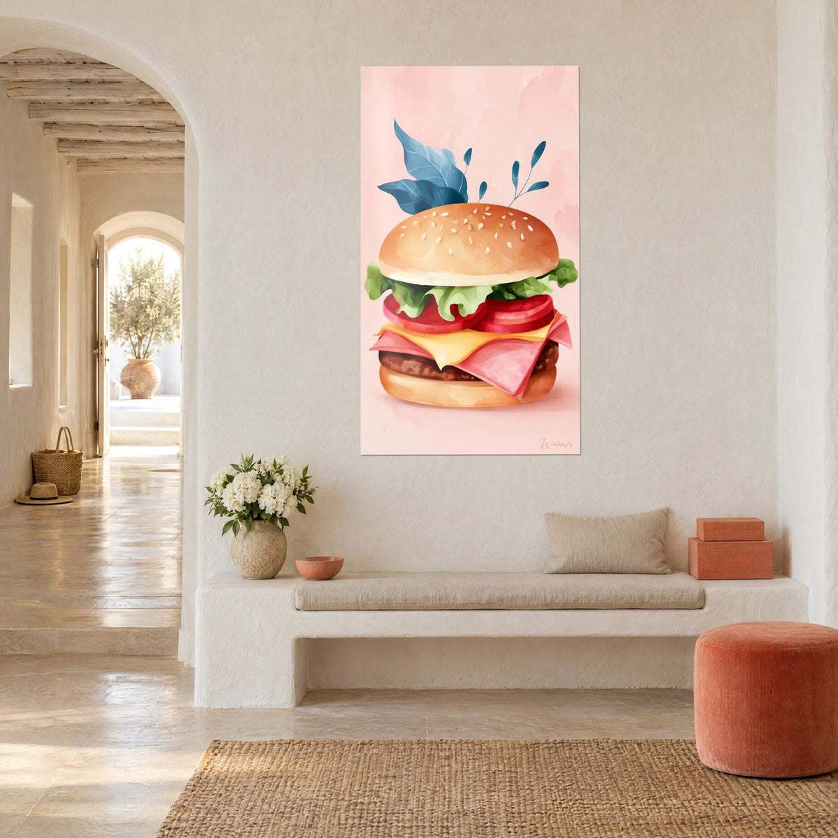 Gemälde Hamburger mit goldbraunem Sesambrötchen, grünem Salat und roten Tomaten, in einem mediterranen Haus mit weißen Bögen