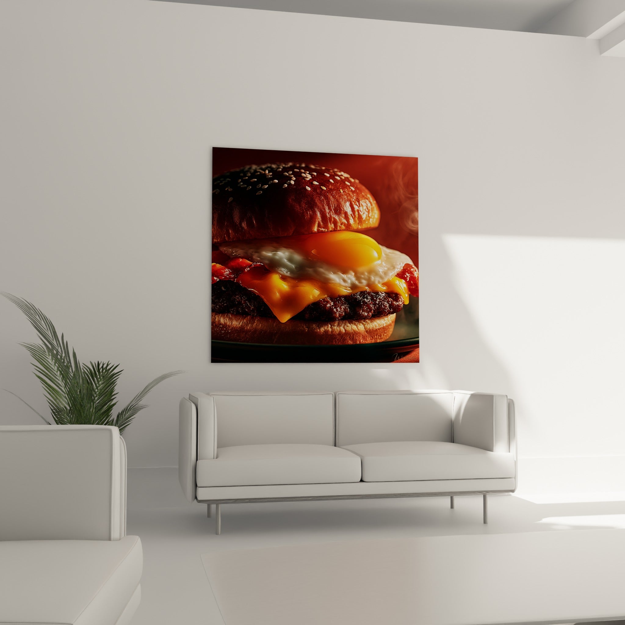 Burger gourmet à l'œuf jaune éclatant et bacon rougeâtre, au-dessus d'un canapé dans un salon lumineux