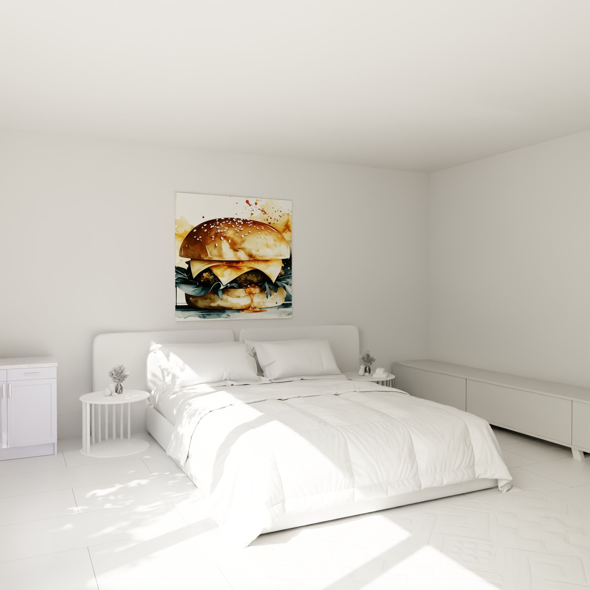 Éclaboussures ambrées entourant un burger sésame doré, accrochées au-dessus d'un lit dans une chambre claire
