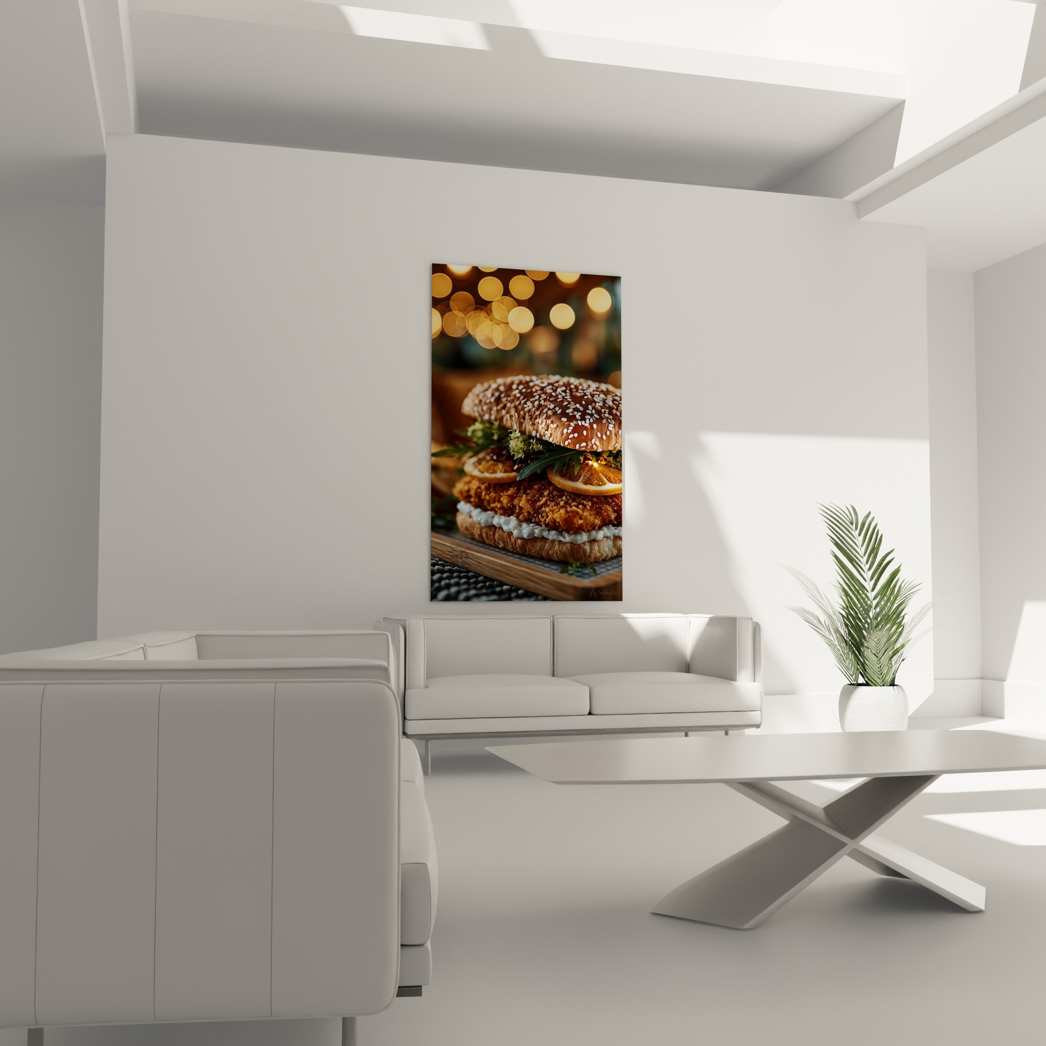 Burger sésame et panure ambrée aux herbes fraîches, au-dessus d'un canapé dans un salon lumineux