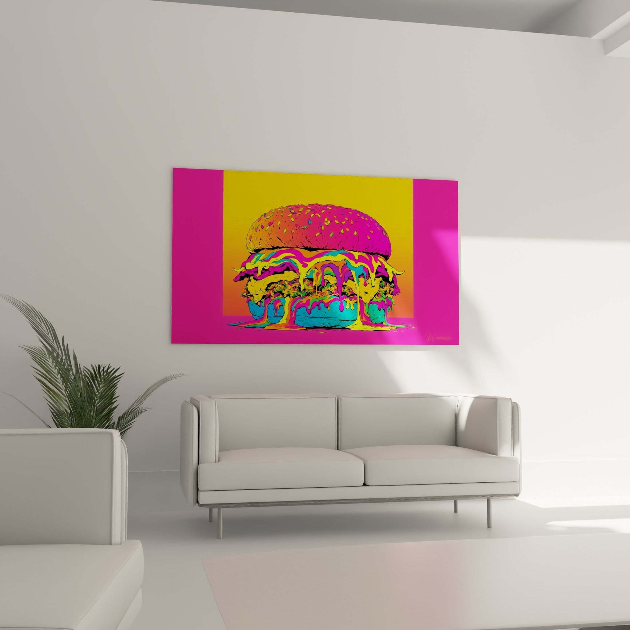 Sandwich pop art rose et turquoise débordant de sauce colorée, au-dessus d'un canapé dans un salon lumineux