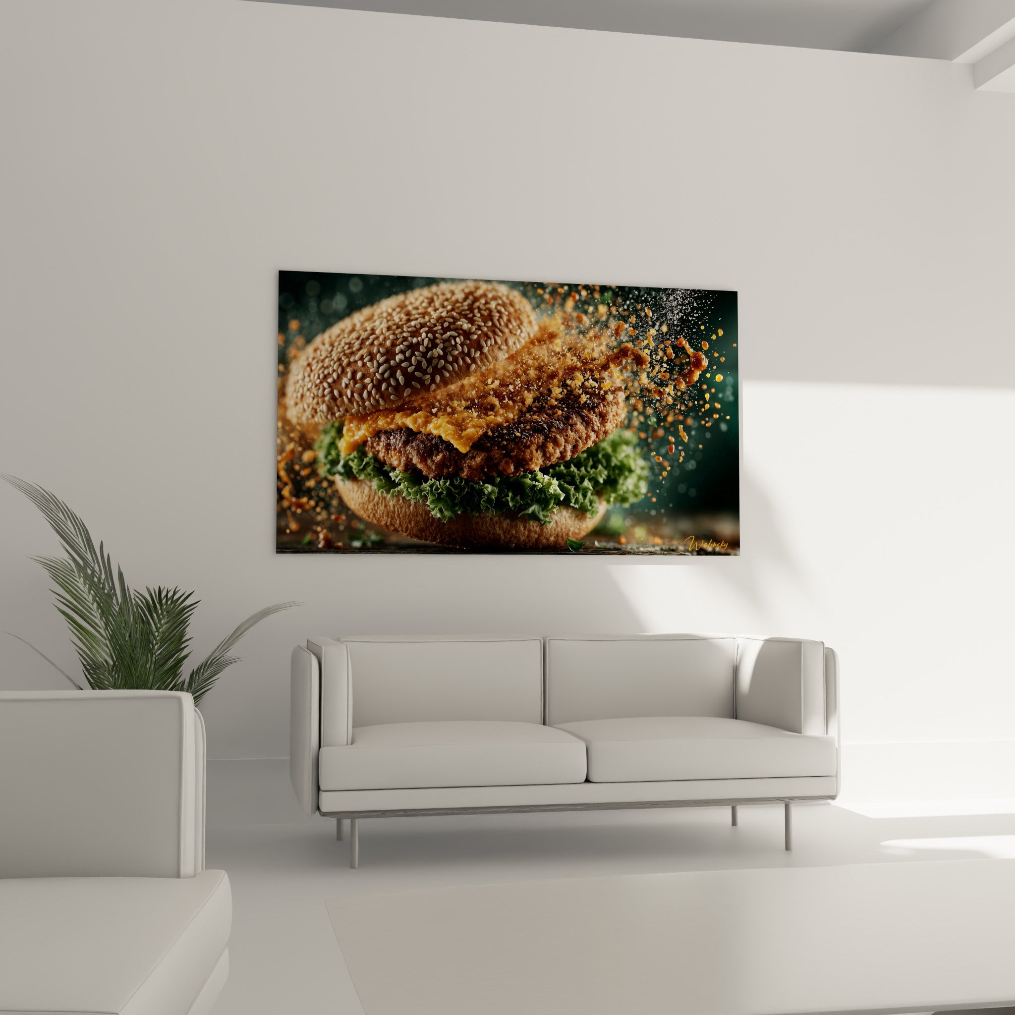 Sandwich gourmand à la sauce orange et salade verte fraîche, au-dessus d'un canapé dans un salon lumineux