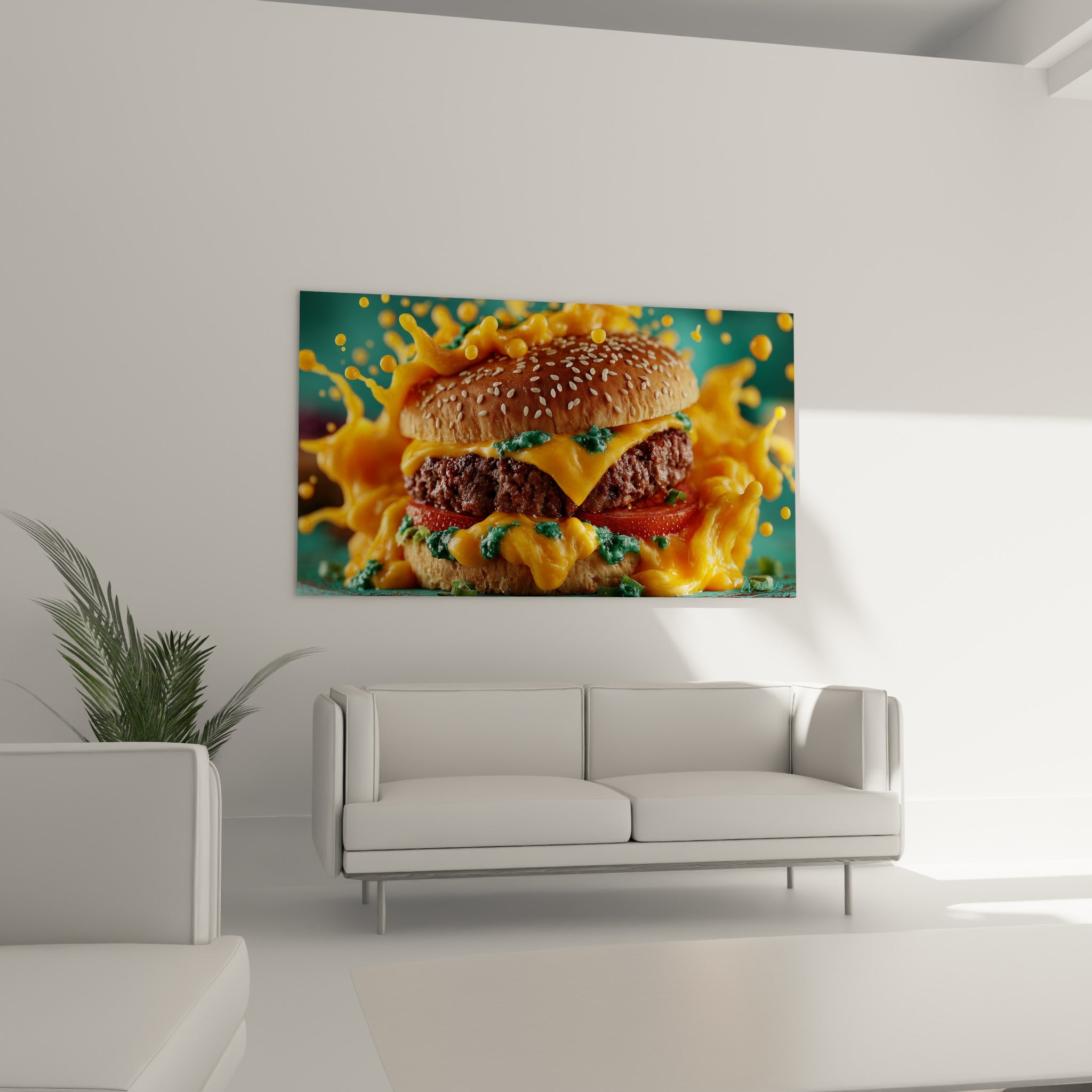 L'explosion de fromage doré et vert de ce burger orne le mur au-dessus d'un canapé dans un salon lumineux