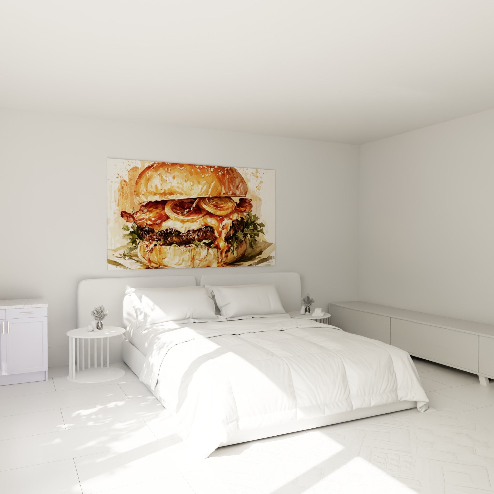 Sésame doré et viande grillée composent ce burger accroché au-dessus d'un lit dans une chambre claire