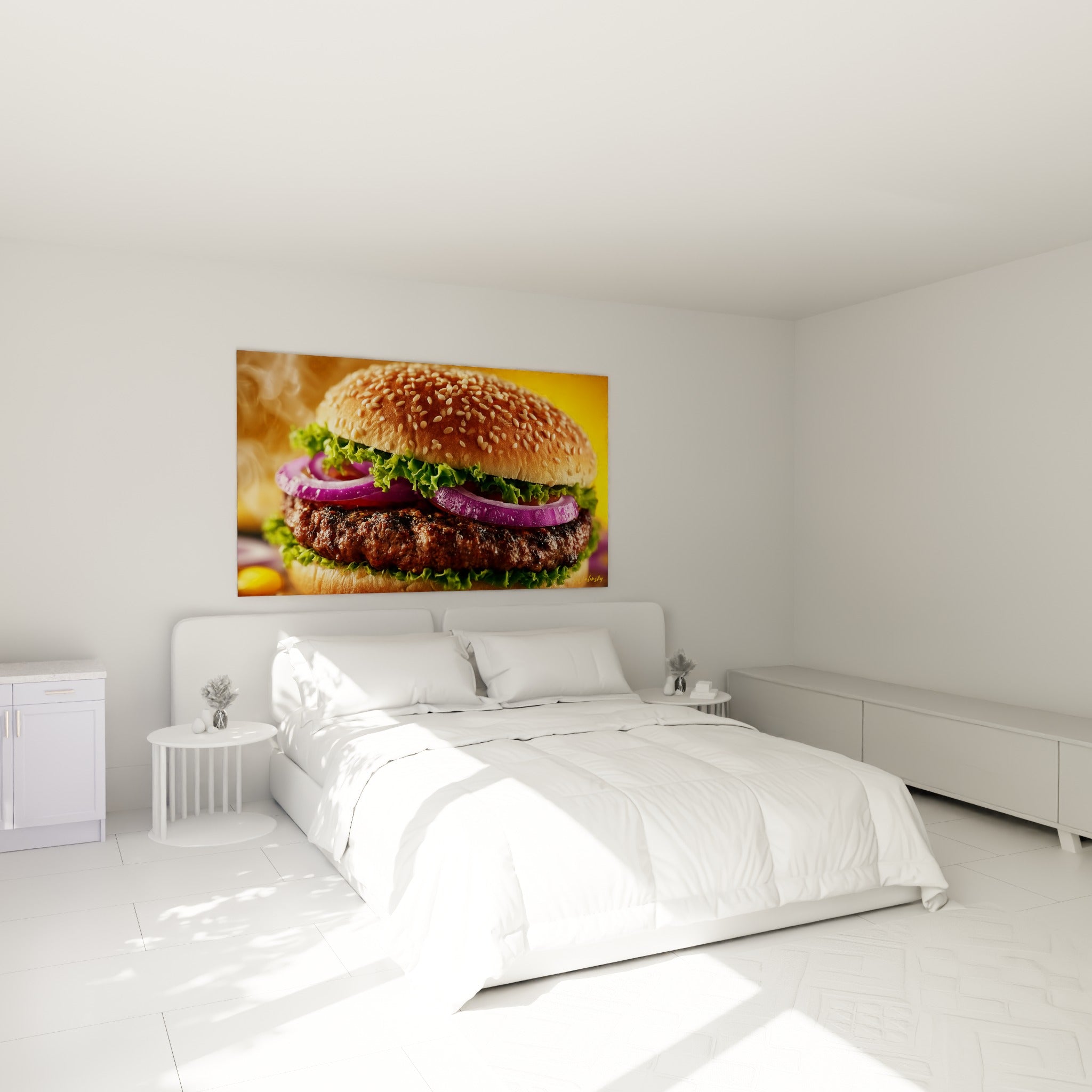 Sandwich gourmand brun et doré, sésame doré, accroché au-dessus d'un lit dans une chambre claire