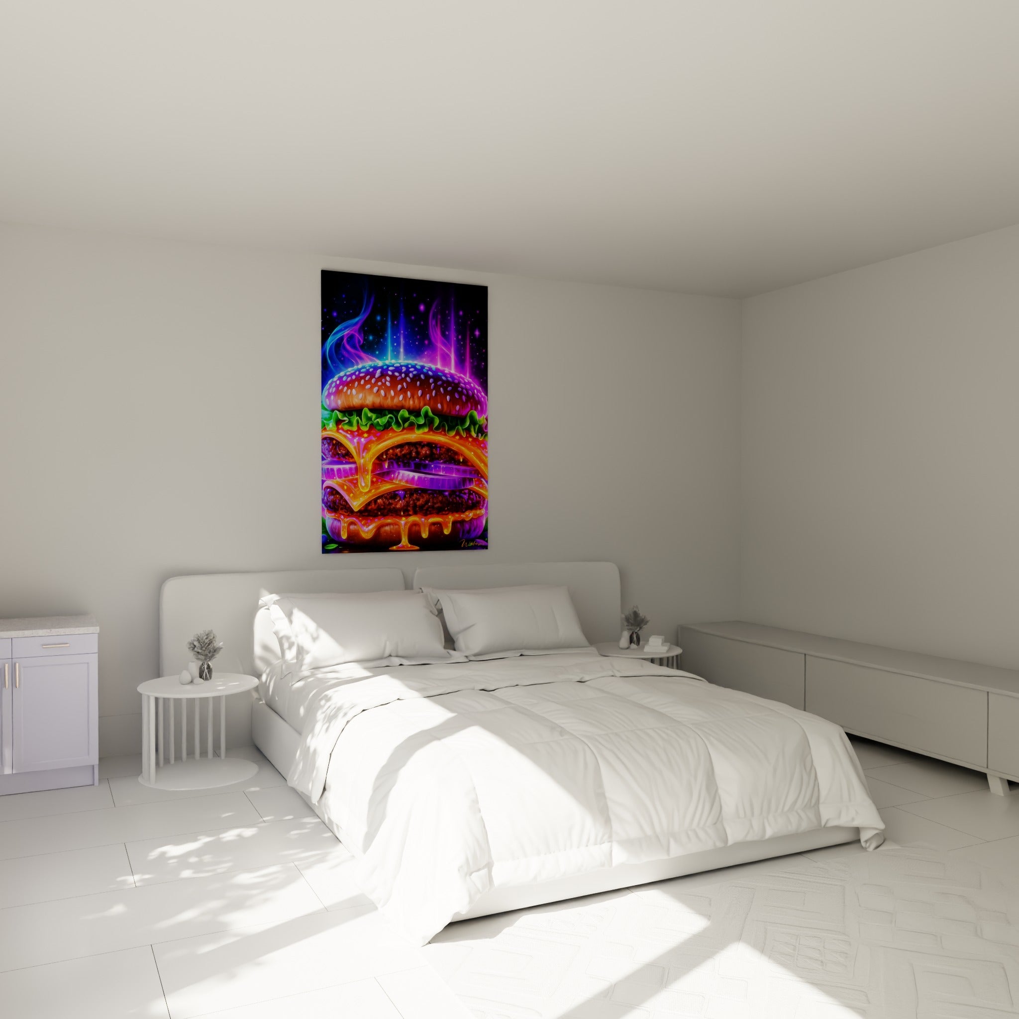 Sésame doré et sauce orange incandescente illuminent ce burger au-dessus d'un lit dans une chambre claire