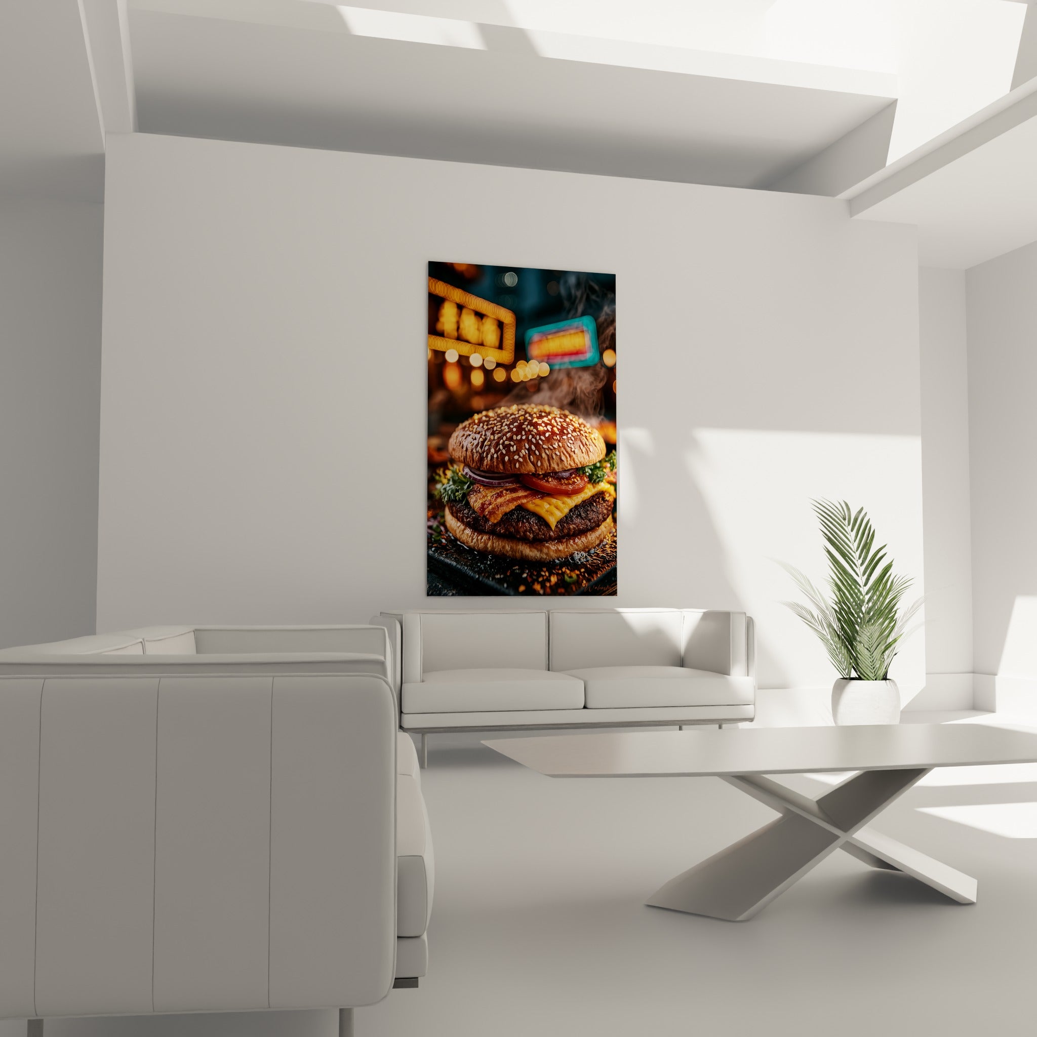 Sandwich gourmand fumant aux couleurs ambrées et anthracite, au-dessus d'un canapé dans un salon lumineux