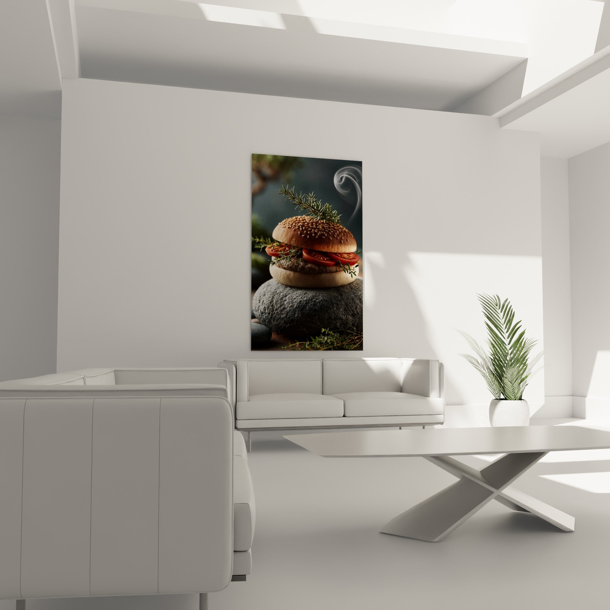 Sandwich gourmand aux teintes brunes et rouges au-dessus d'un canapé dans un salon lumineux