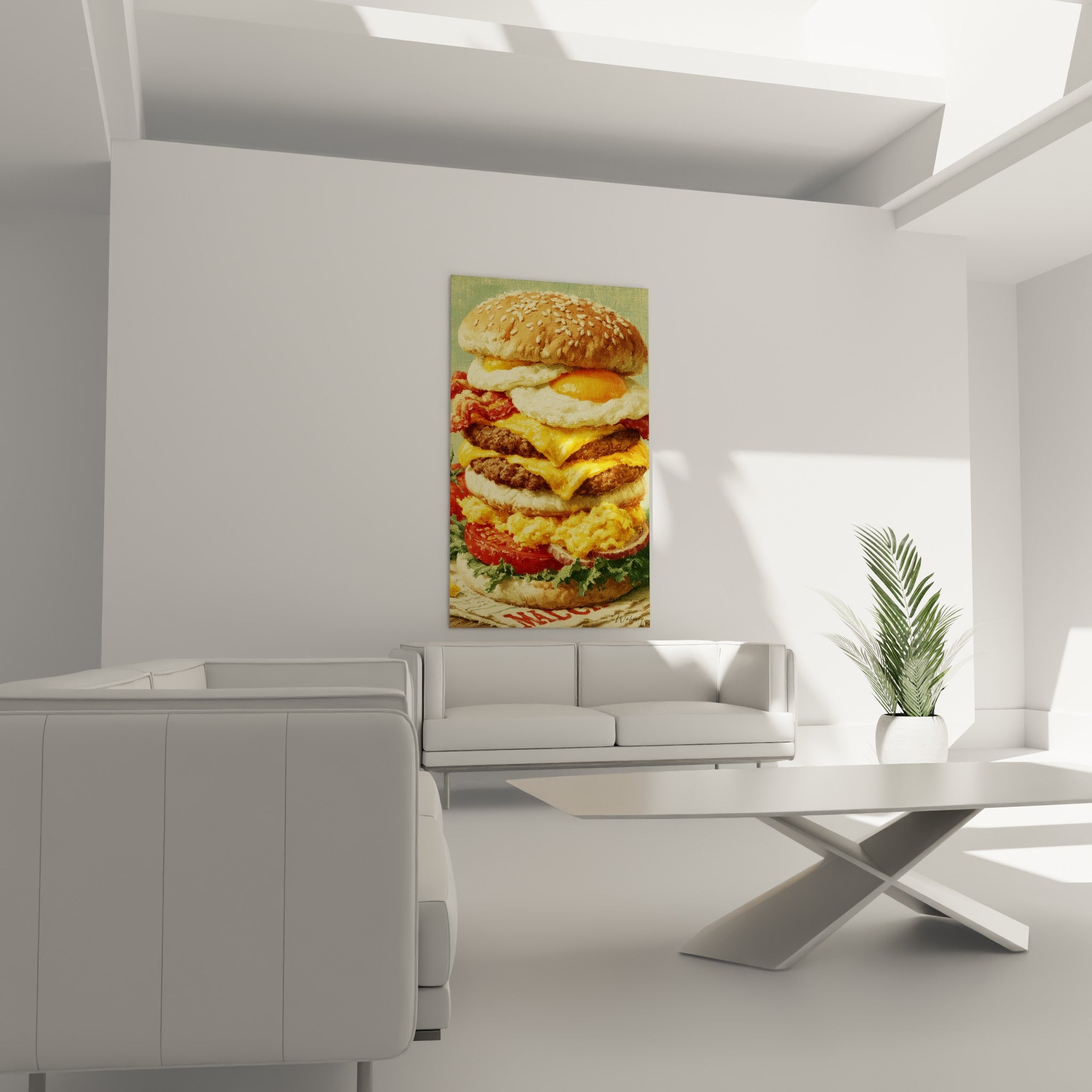 Pain doré aux graines de sésame et steaks juteux surplombant un canapé dans un salon lumineux