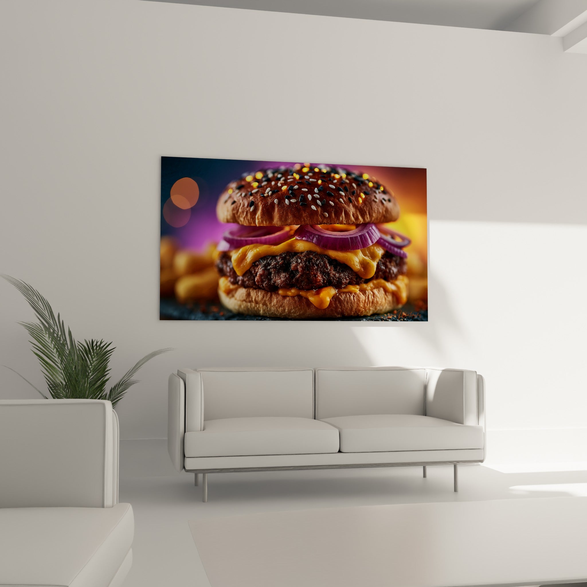 Pain brioché parsemé de sésame surmontant un steak brun grillé, placé au-dessus d'un canapé dans un salon lumineux