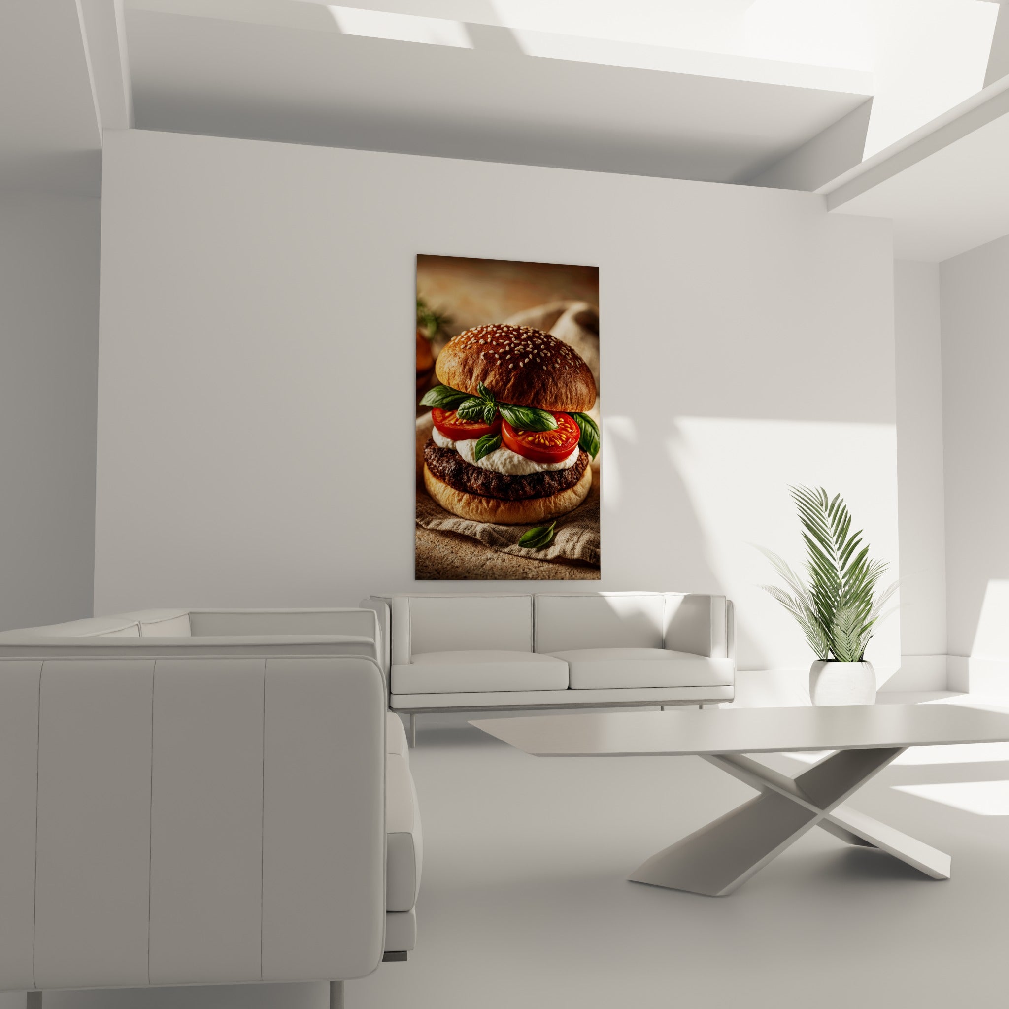 Sandwich brun et blanc garni de basilic frais suspendu au-dessus d'un canapé dans un salon lumineux
