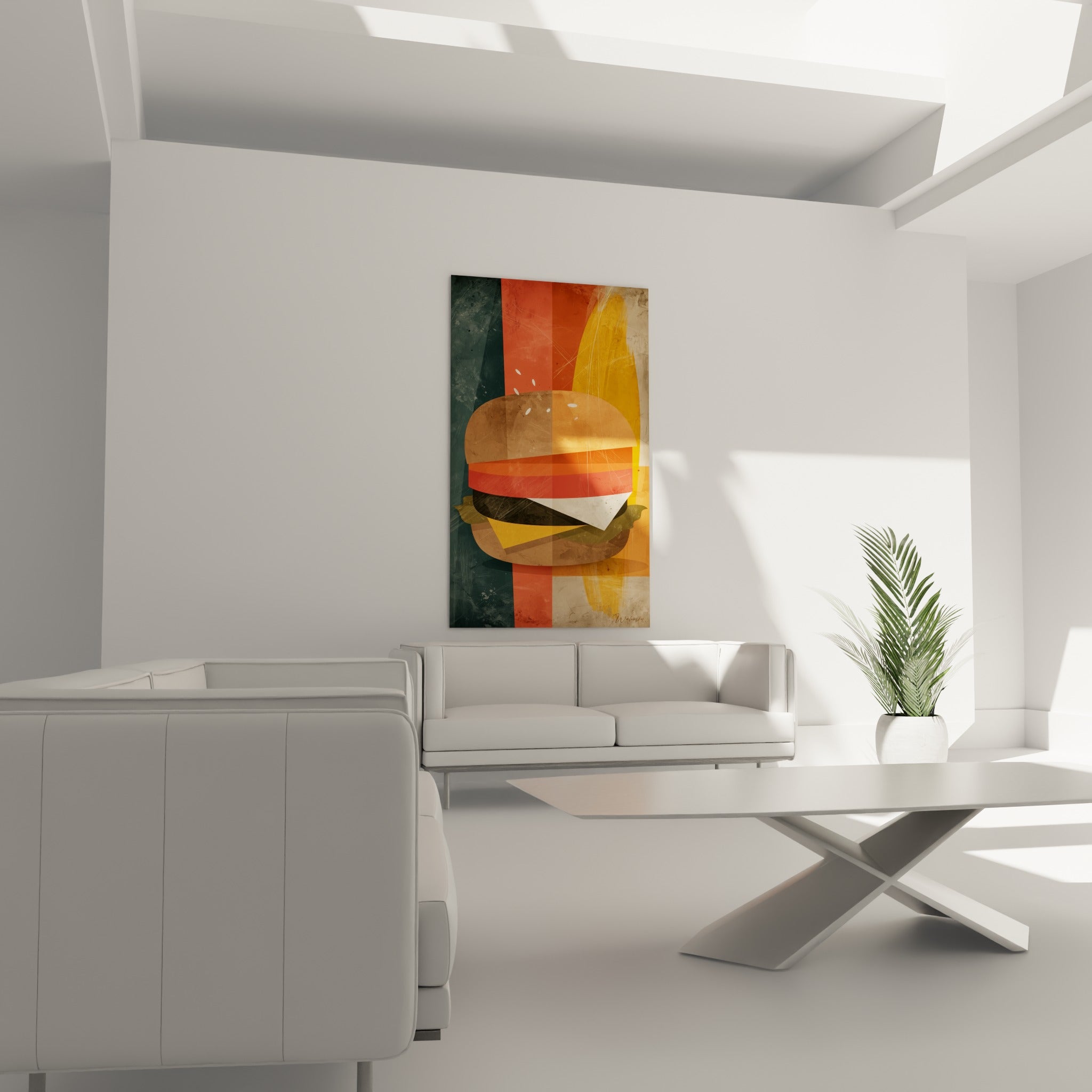 Composition gourmande terracotta et anthracite disposée au-dessus d'un canapé dans un salon lumineux