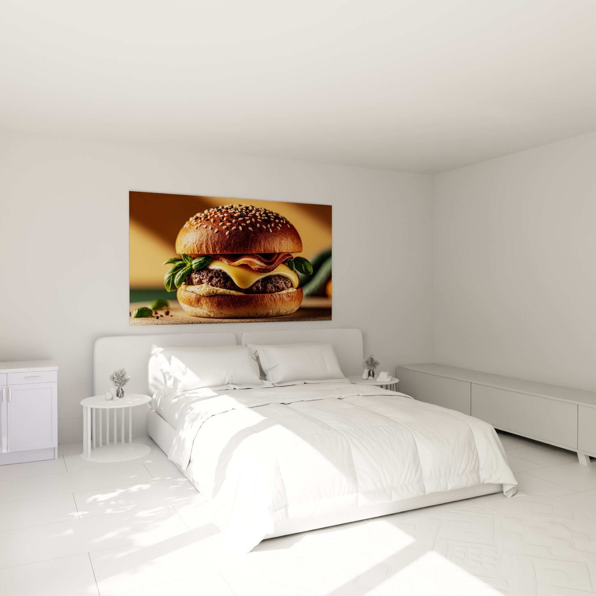 Burger gourmand aux couleurs terracotta et dorées, accroché au-dessus d'un lit dans une chambre claire