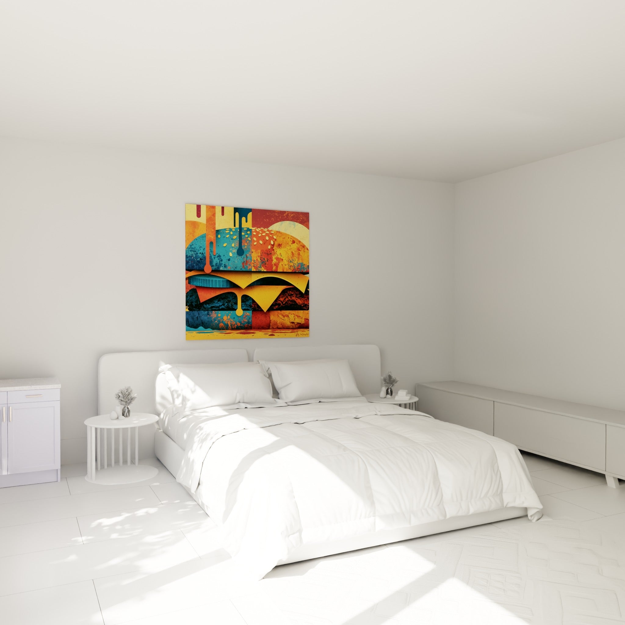 Sandwich stylisé bleu et terracotta, tableau accroché au-dessus d'un lit dans une chambre claire