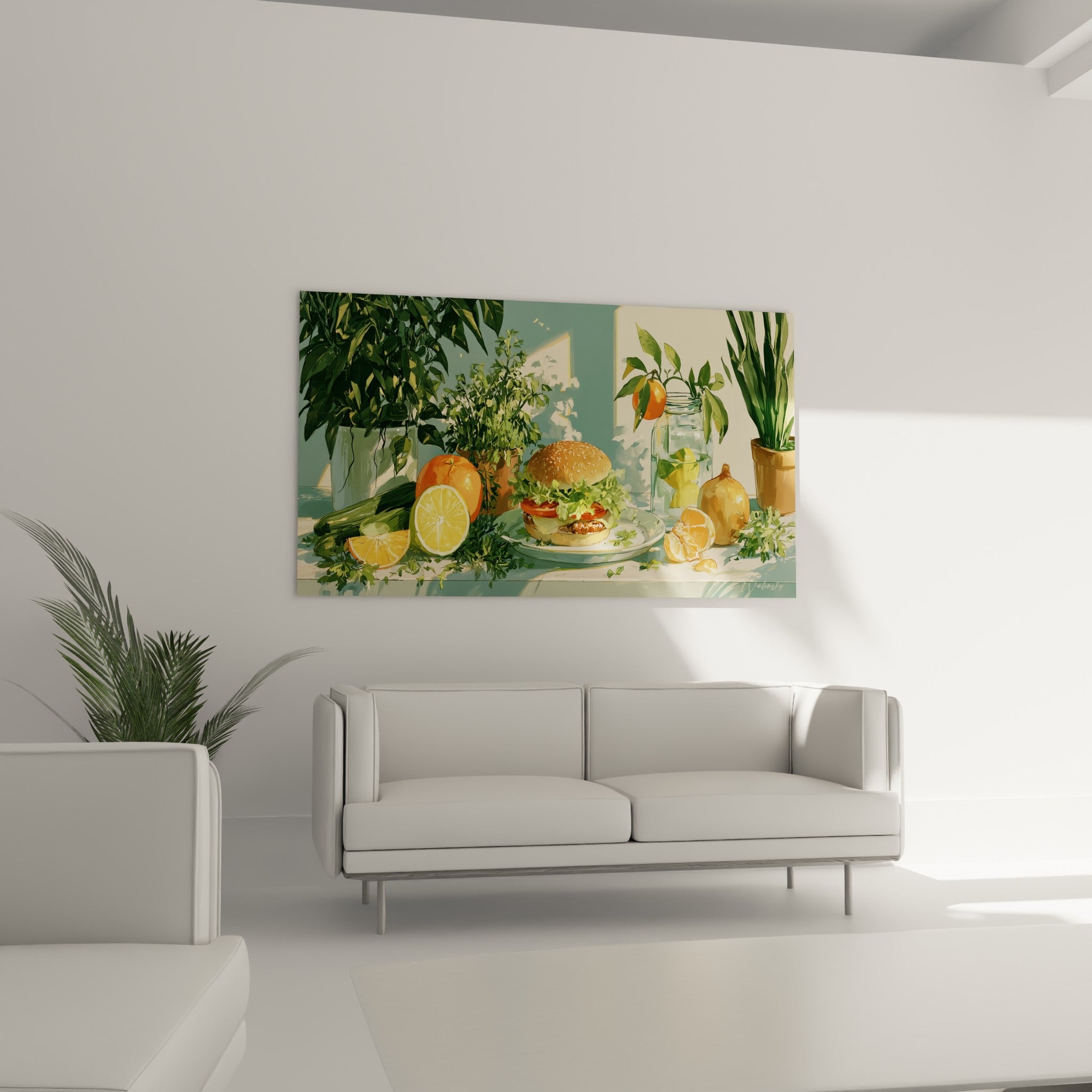 Nature morte culinaire jaune citron et verte au-dessus d'un canapé dans un salon lumineux