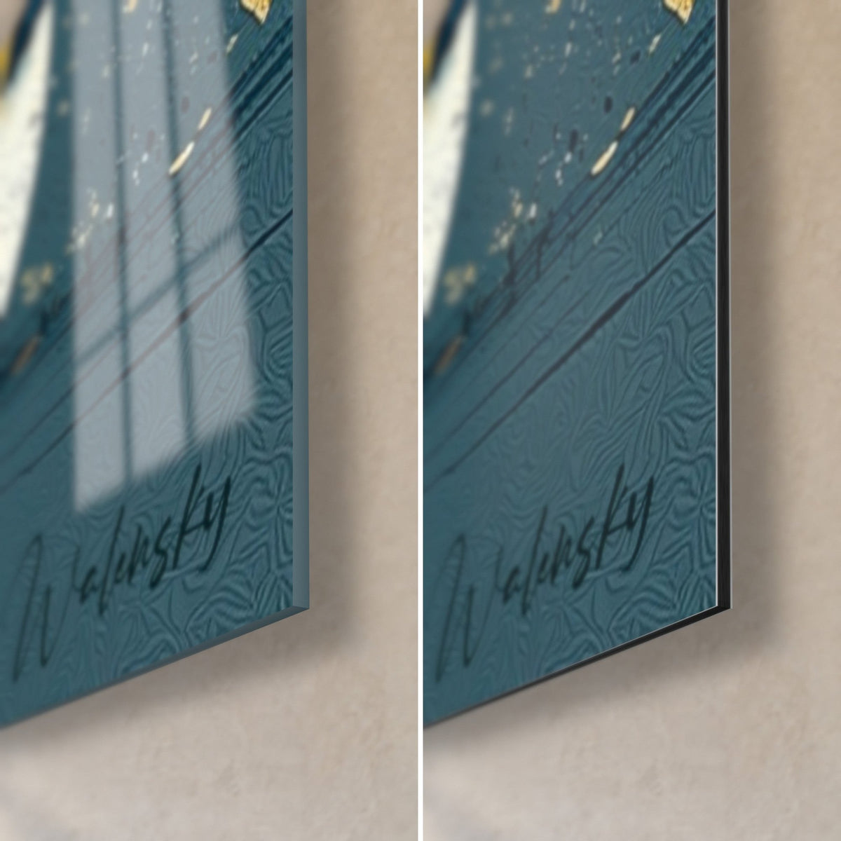 Tableau burger abstrait, coin bas droit : signature Walensky sur fond bleu pétrole, verre brillant à gauche, Dibond mat à droite