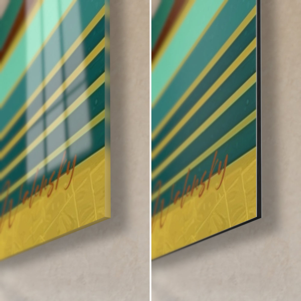 Quadro hamburger Art Déco, angolo in basso a destra: filetti dorati su fondo turchese, vetro lucido a sinistra, Dibond opaco a destra, fetta sottile