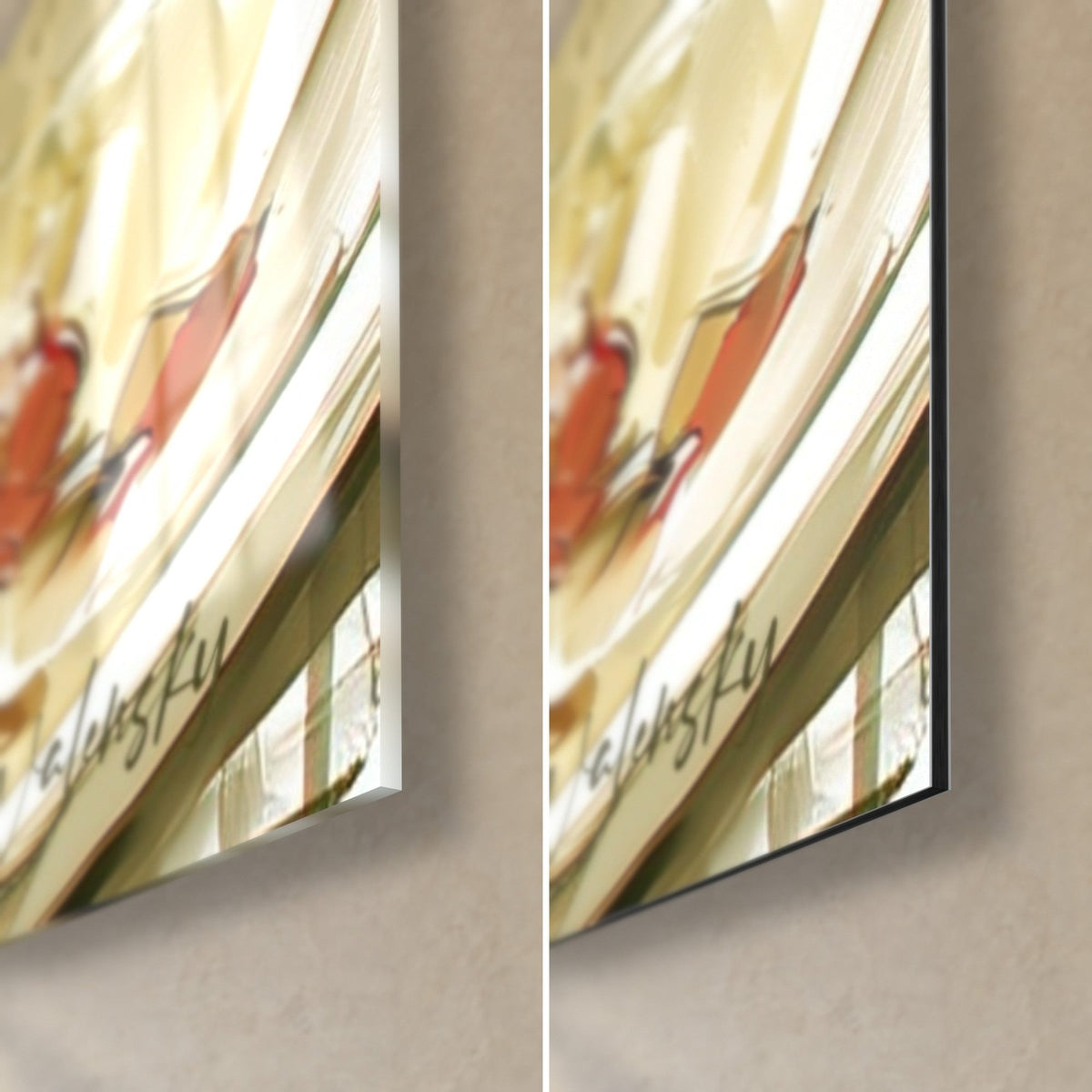 Tableau burger peint, coin bas droit : verre acrylique brillant aux reflets à gauche, alu Dibond noir mat à droite, tranche de 3 mm