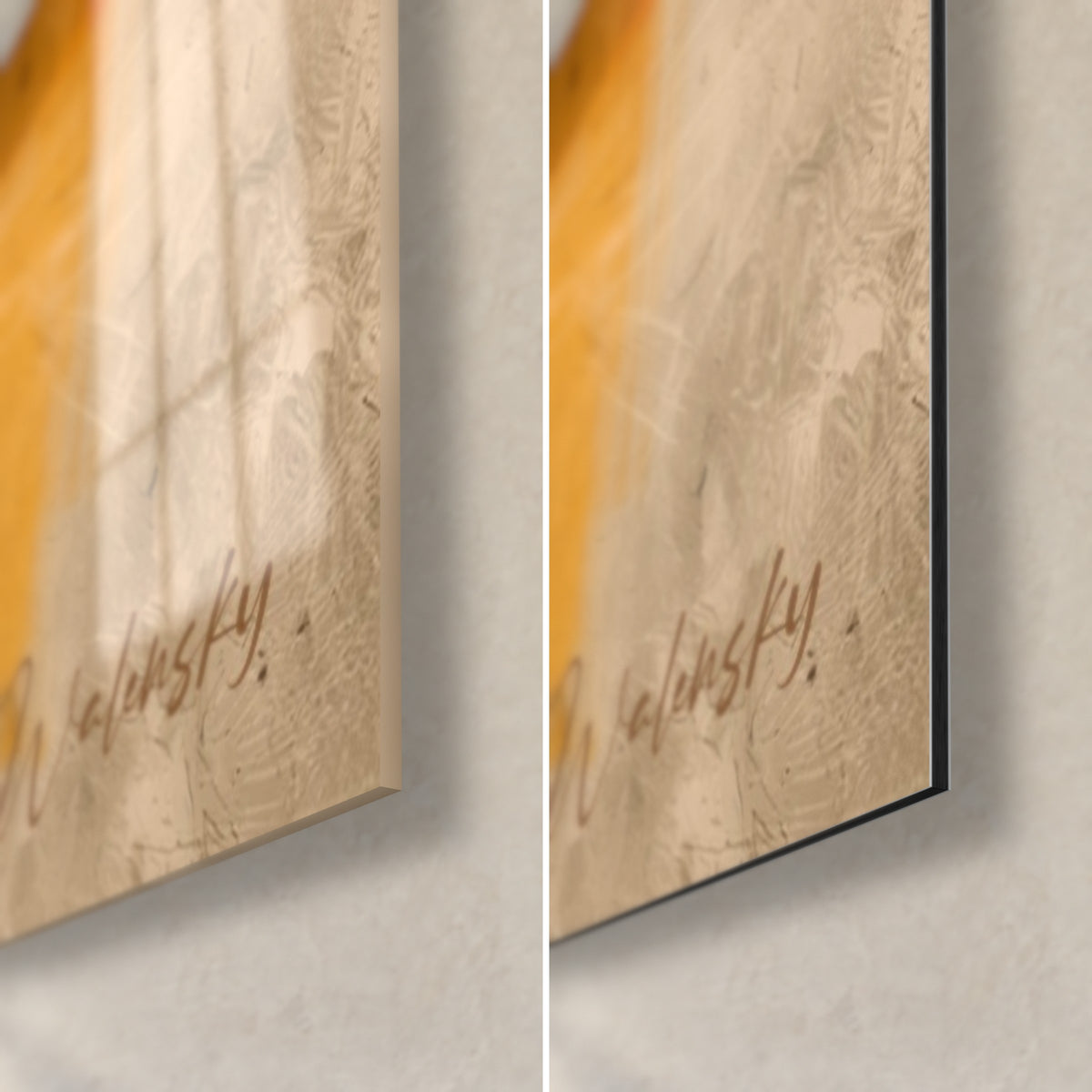 Tableau burger rétro, coin bas droit : verre brillant reflétant la fenêtre, alu Dibond mat ocre et tranche noire de 3 mm