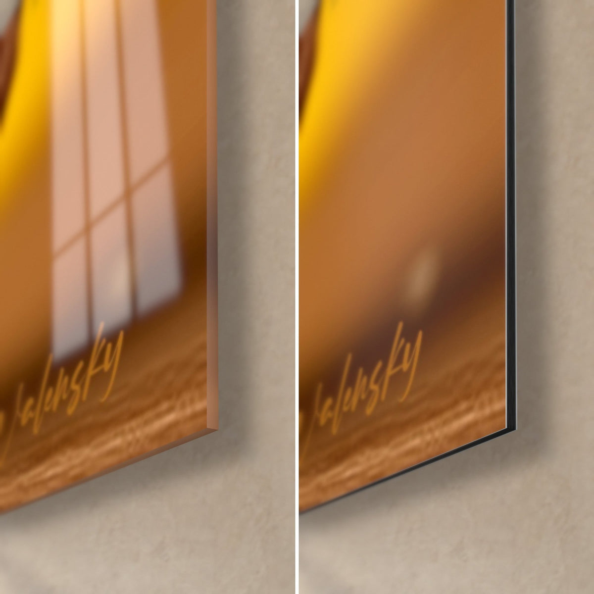 Tableau sandwich au pain brioché sésame, coin bas droit : verre acrylique brillant à gauche, alu Dibond mat à droite, tranche de 3 mm