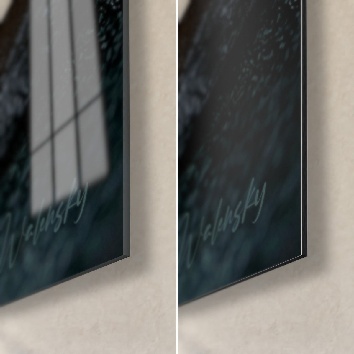 Tableau burger sur ardoise grise, coin bas droit en verre acrylique brillant et alu Dibond mat noir, tranche de 3 mm