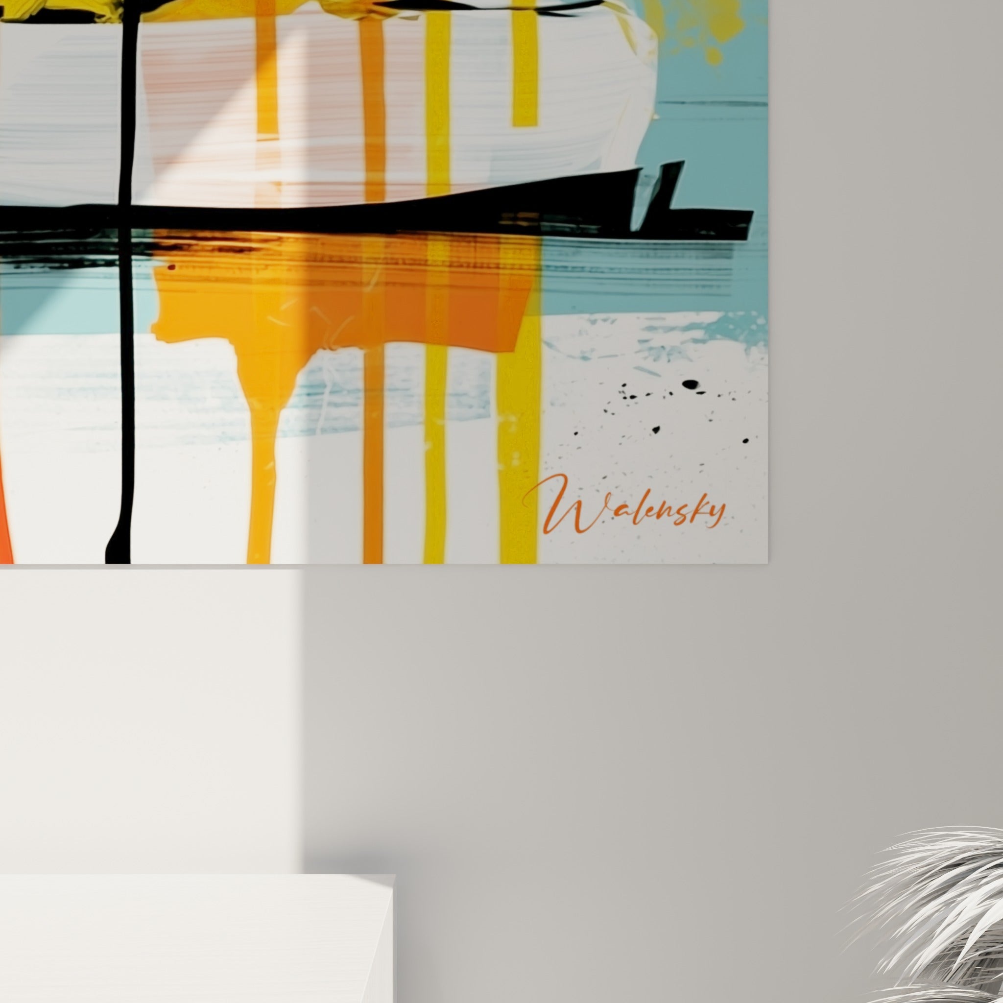 Empâtements de peinture jaune et orange visibles de près, coulures noires sur toile texturée