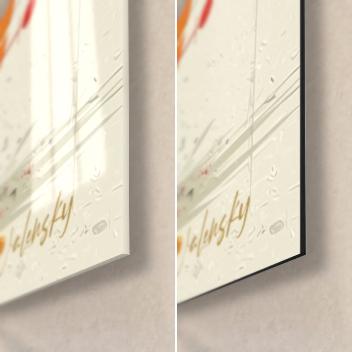Tableau burger graphique aux éclaboussures d'encre rouge et jaune, coin bas droit : verre brillant et alu Dibond mat