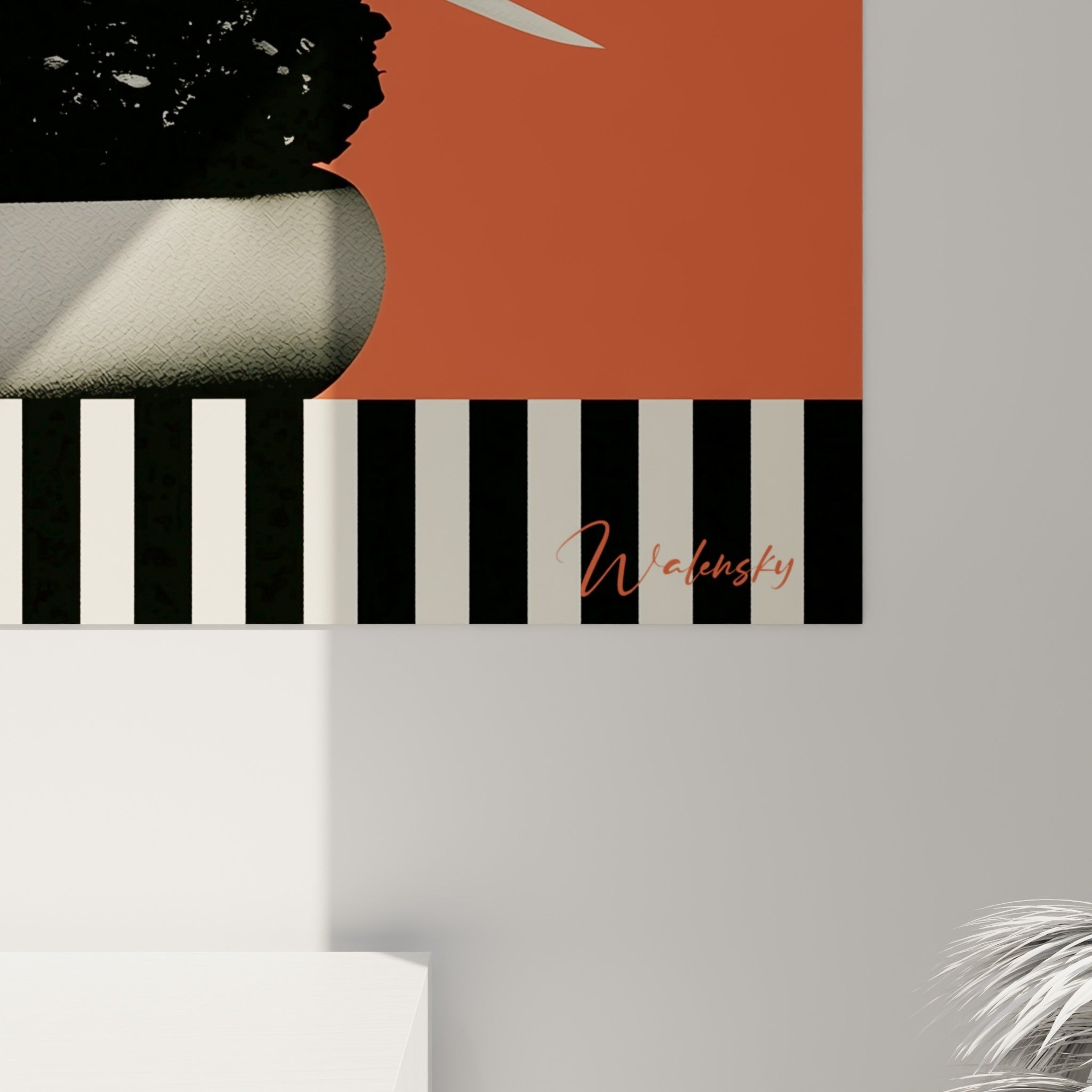 Détail du grain du pointillé noir et blanc et du reflet corail sur la toile du burger
