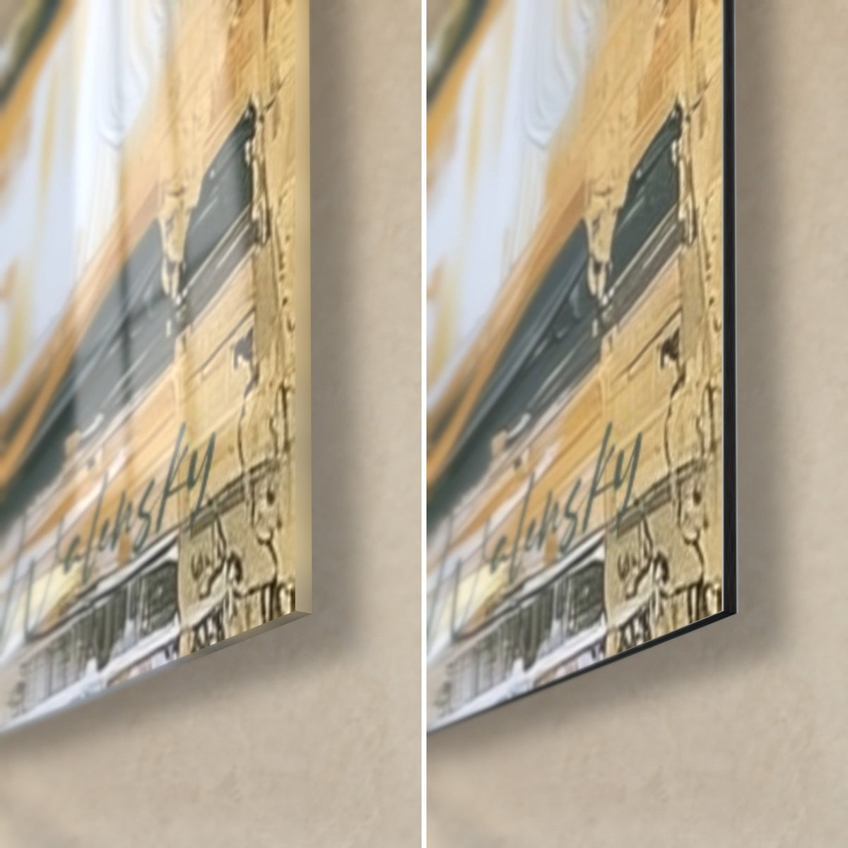 Wall art burger with gold touches and ivory white, glossy glass corner bottom right on the left, matte Dibond and 3 mm edge
