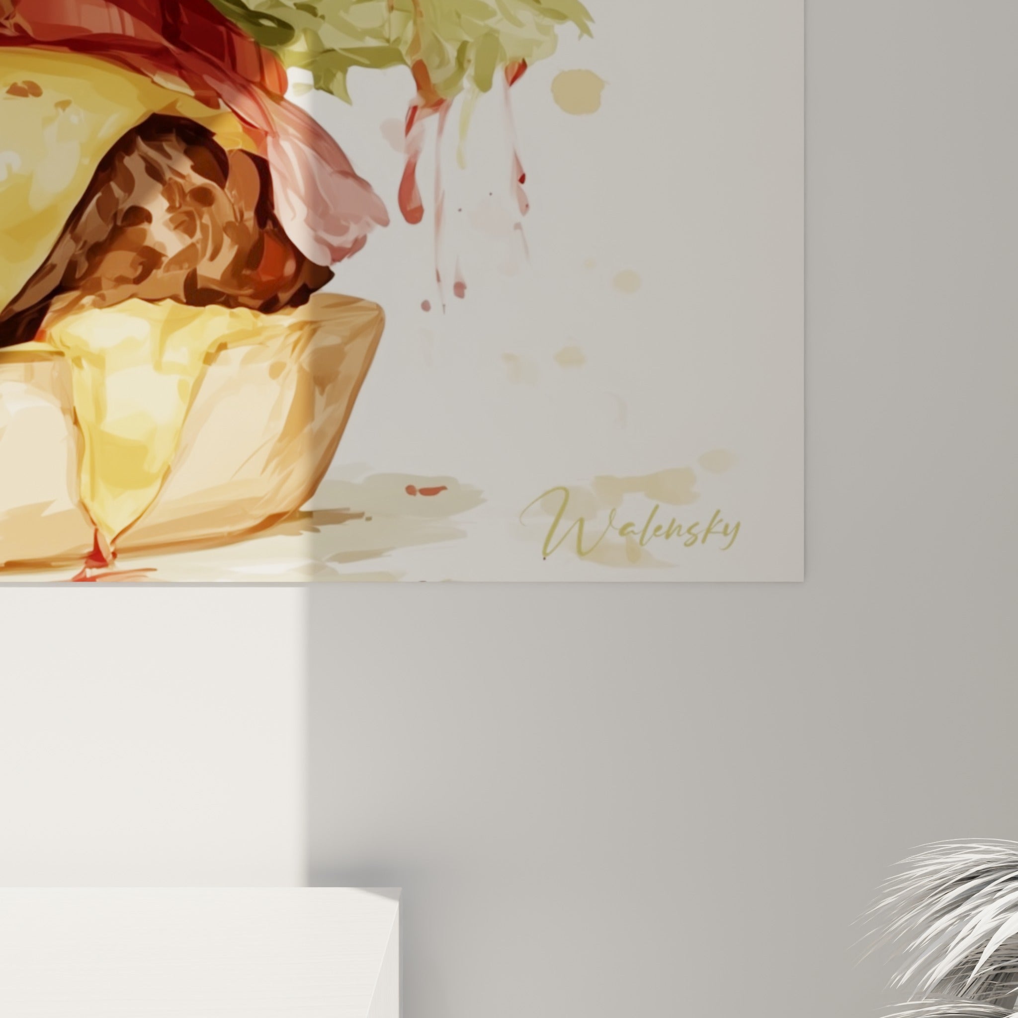 Empâtements et coulures de sauce rouge visibles sur ce burger peint aux teintes dorées et beiges