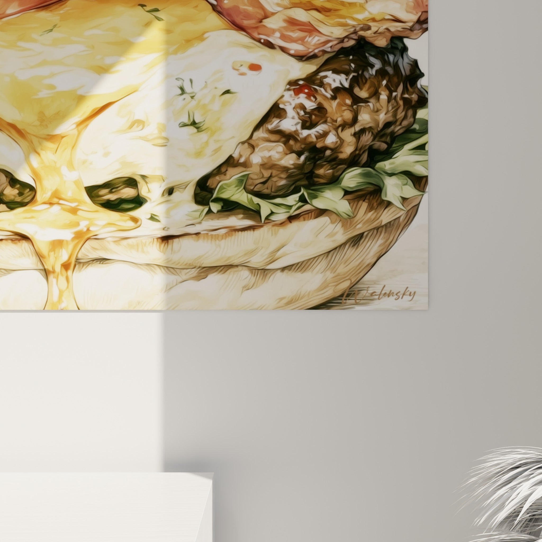 Coulure de fromage doré et grain du pain sésame visibles de près sur cette toile accrochée