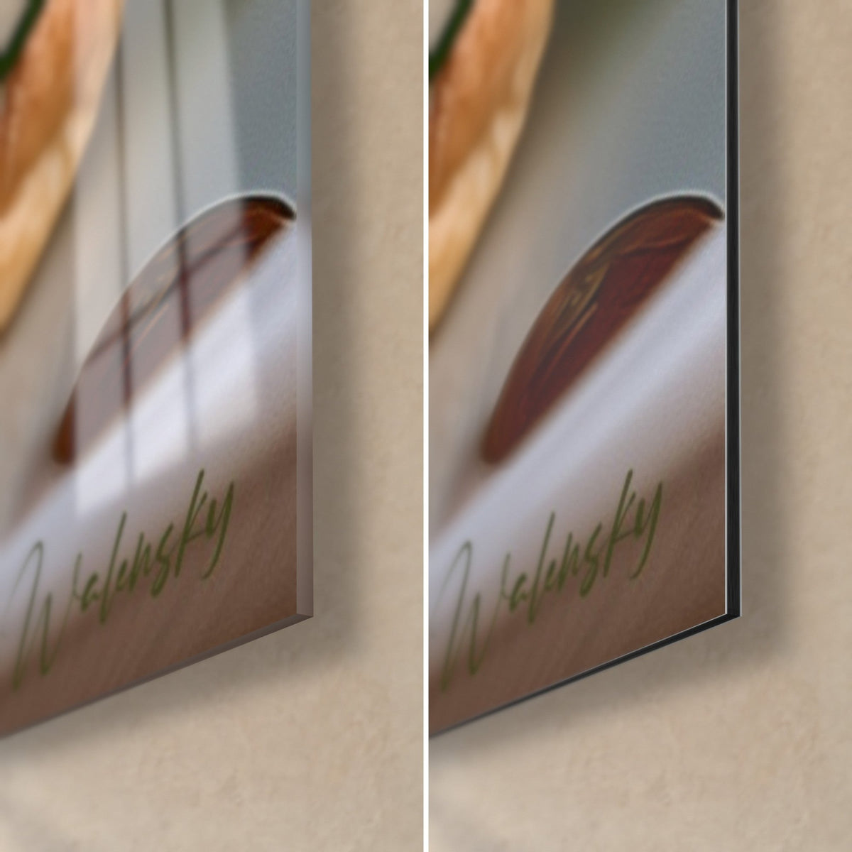 Tableau hamburger brioché brun, coin bas droit : verre acrylique brillant à gauche, alu Dibond mat à droite, tranche de 3 mm