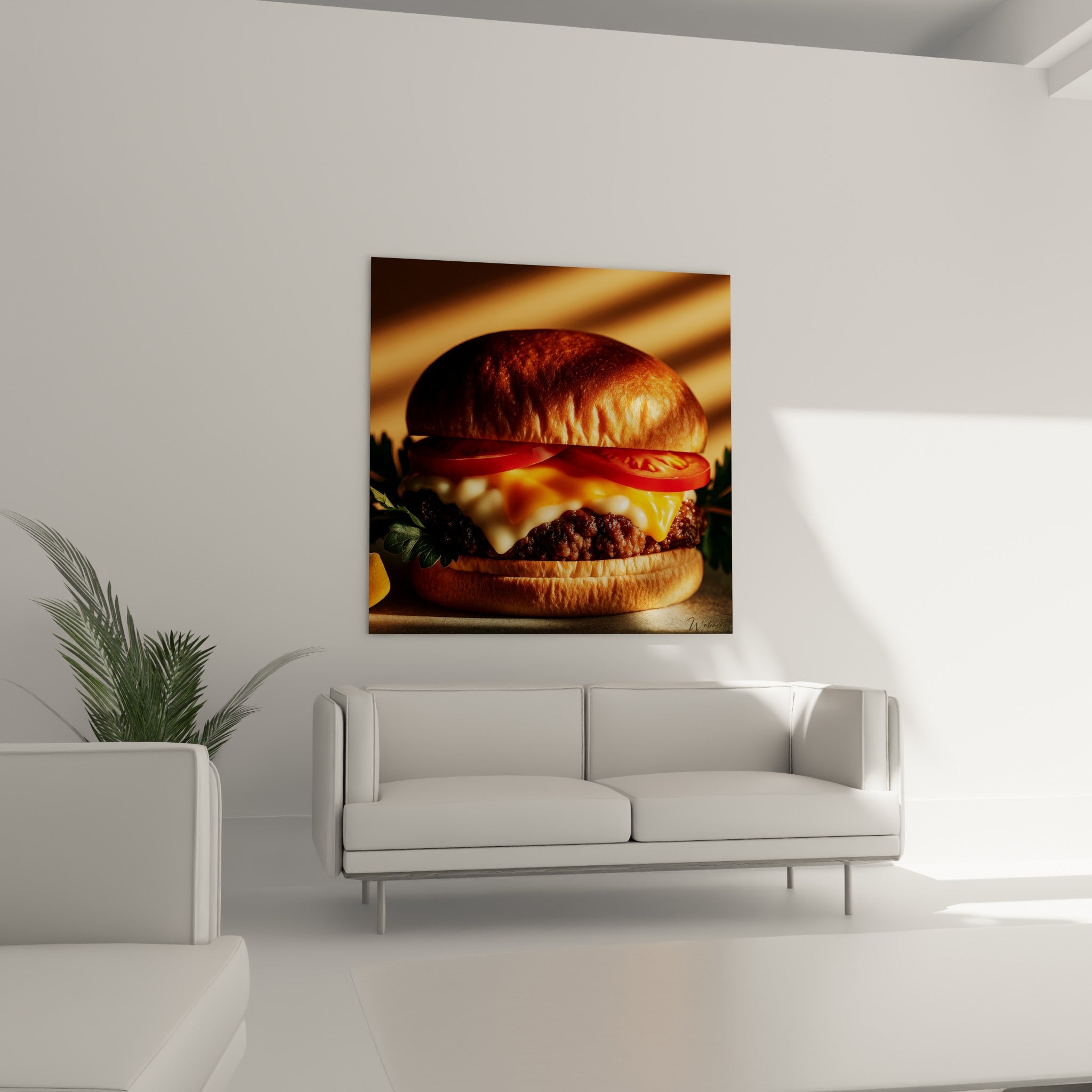 Burger juteux aux tons caramel et rouge tomate, au-dessus d'un canapé dans un salon lumineux