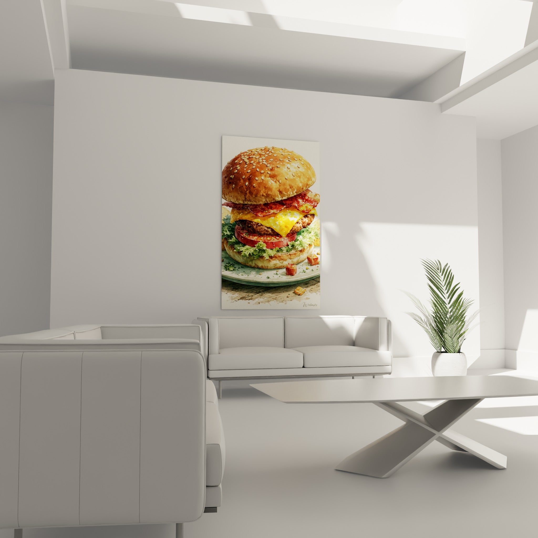 Burger généreux garni de tomate rouge et salade verte au-dessus d'un canapé dans un salon lumineux