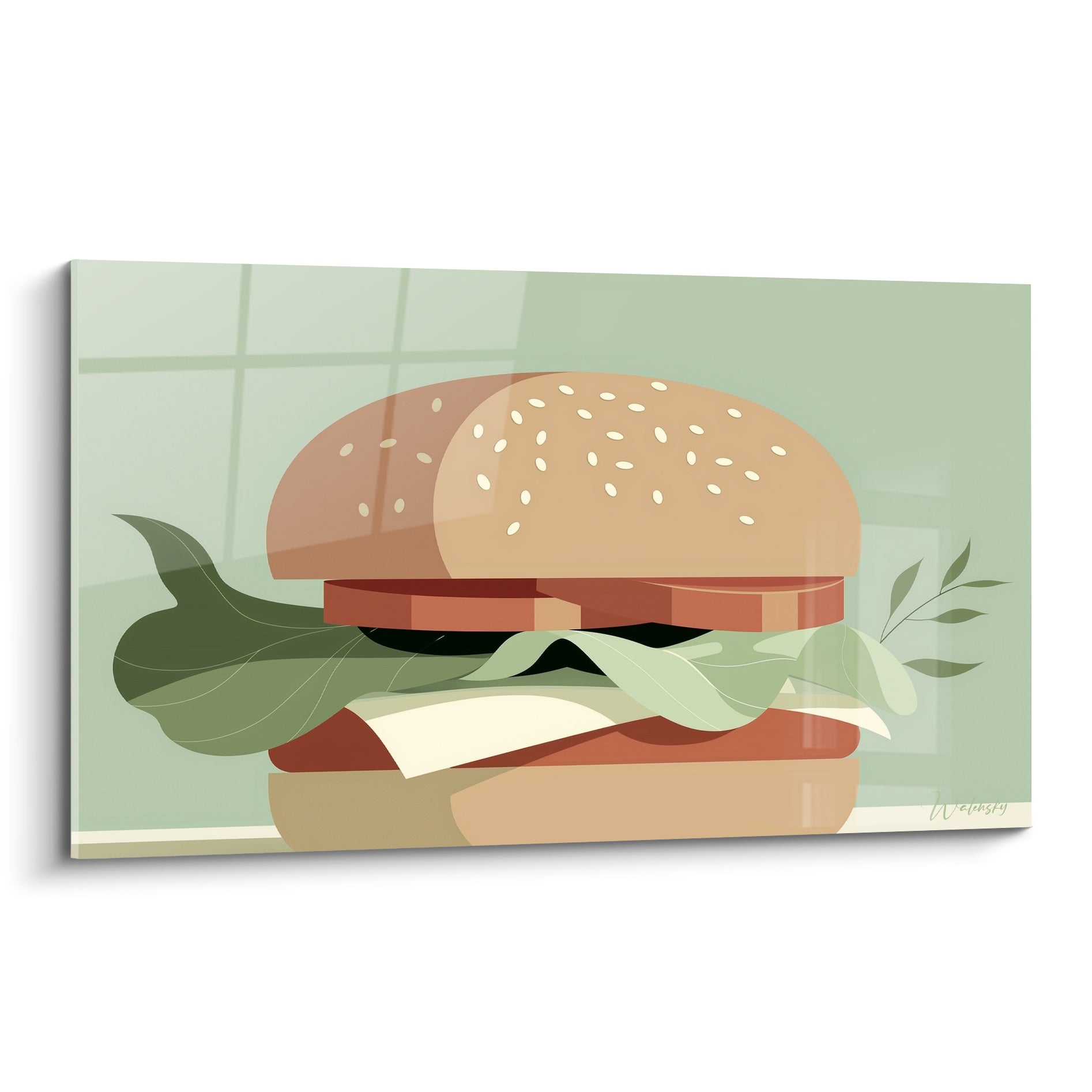 Burger vert sauge et beige illustré avec feuille de salade et sésame doré